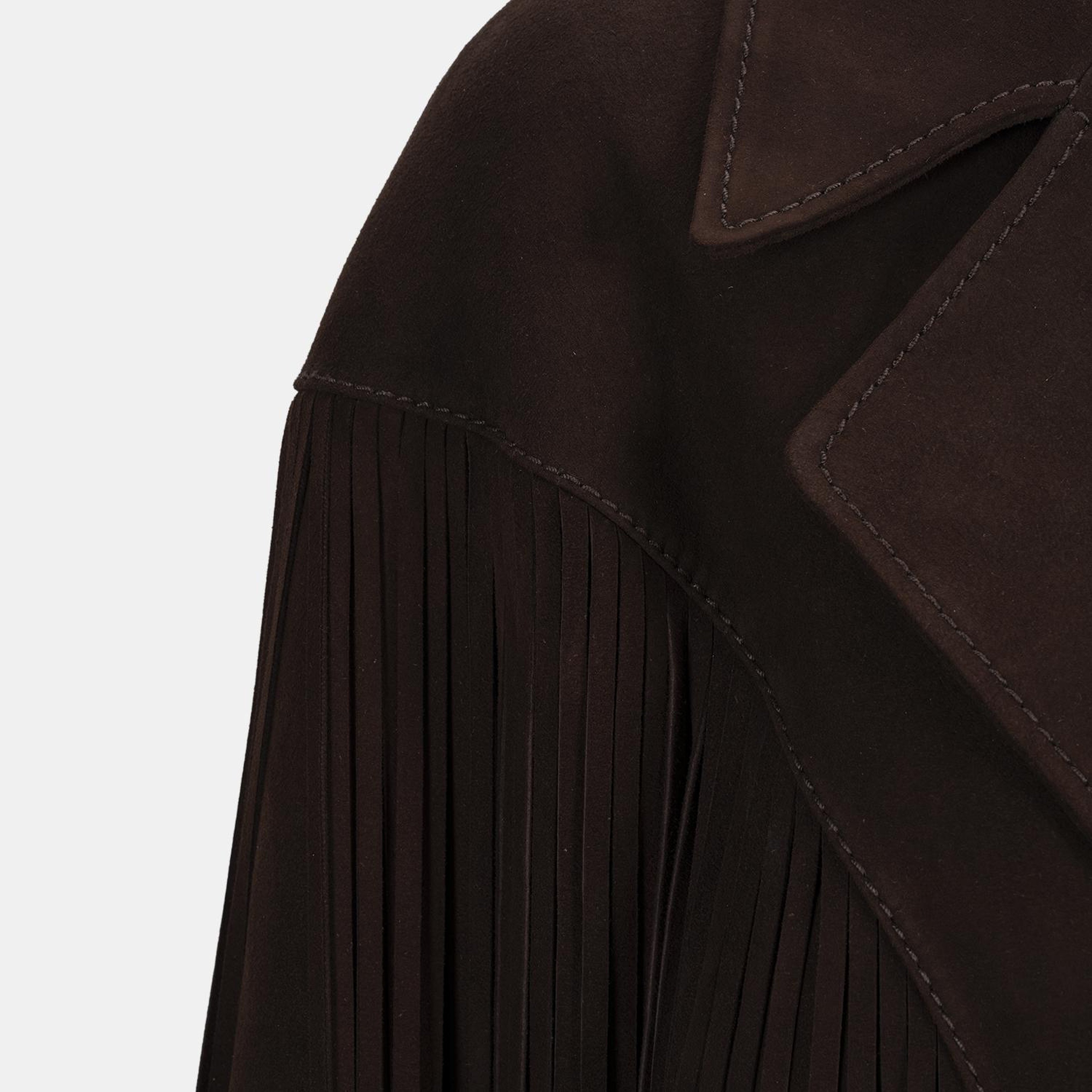 Kadın Koyu Kahve Yakalı Püskül Detaylı Kısa Süet Ceket