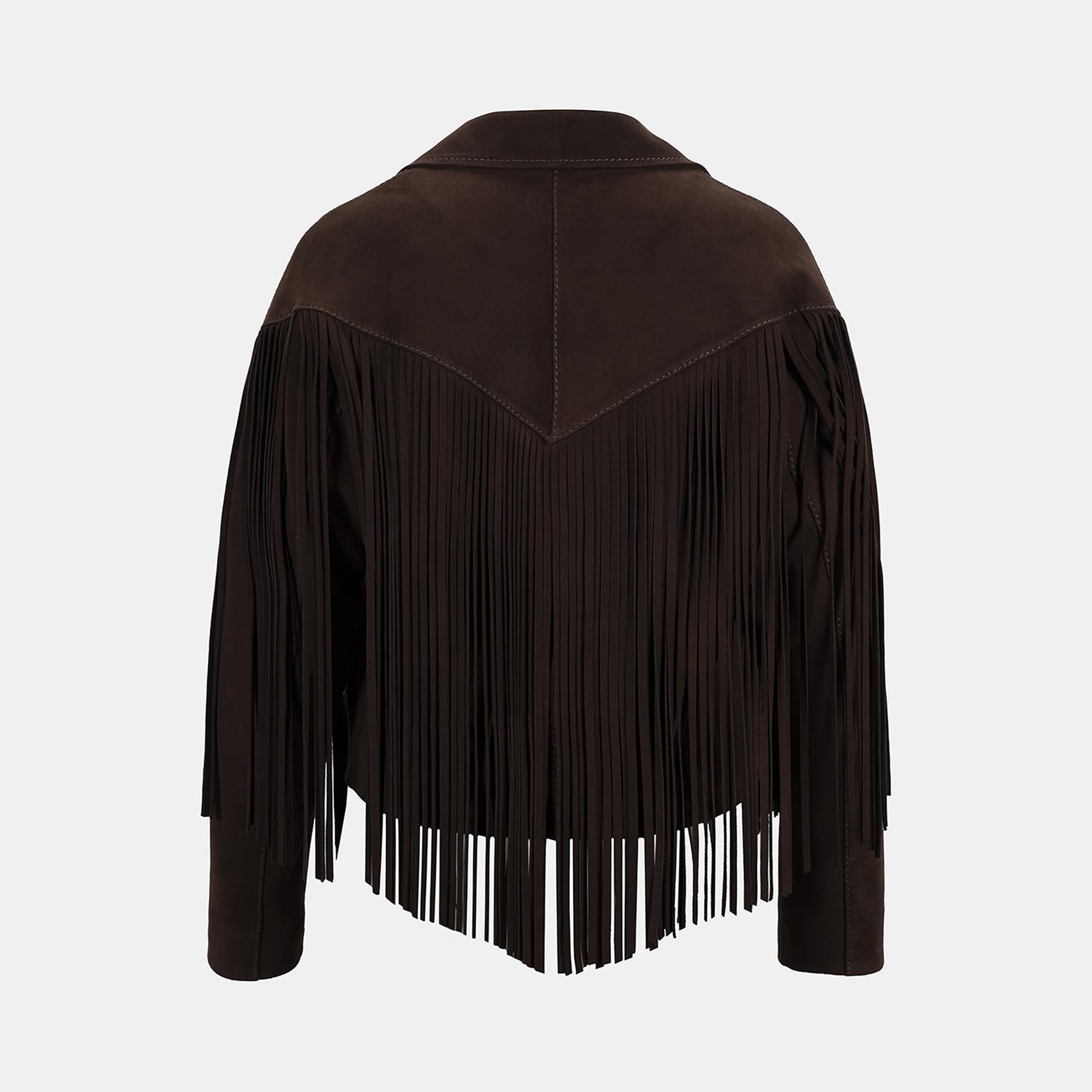 Kadın Koyu Kahve Yakalı Püskül Detaylı Kısa Süet Ceket