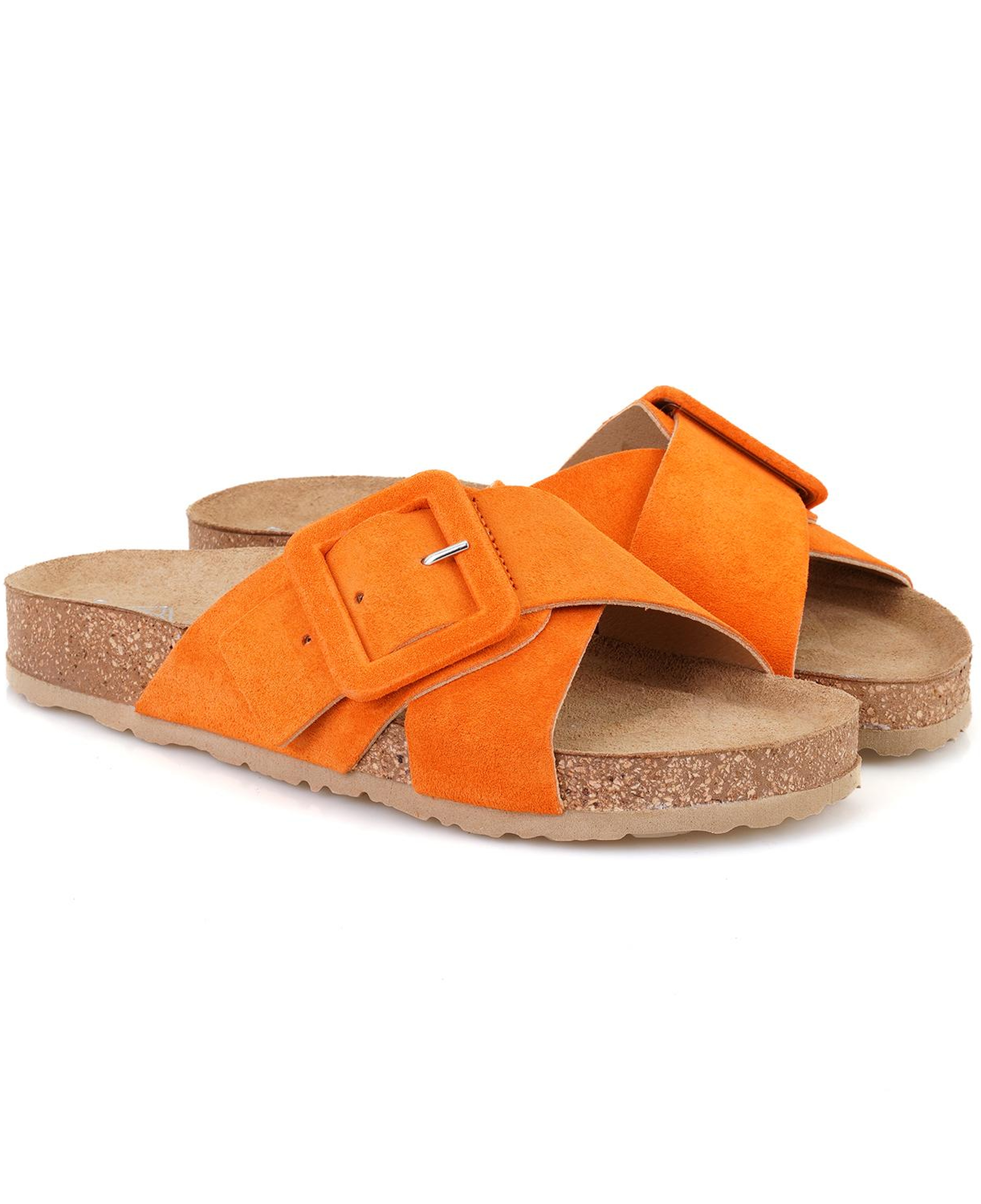 Kadın Turuncu Ayarlanabilir Tokalı Süet Deri Terlik