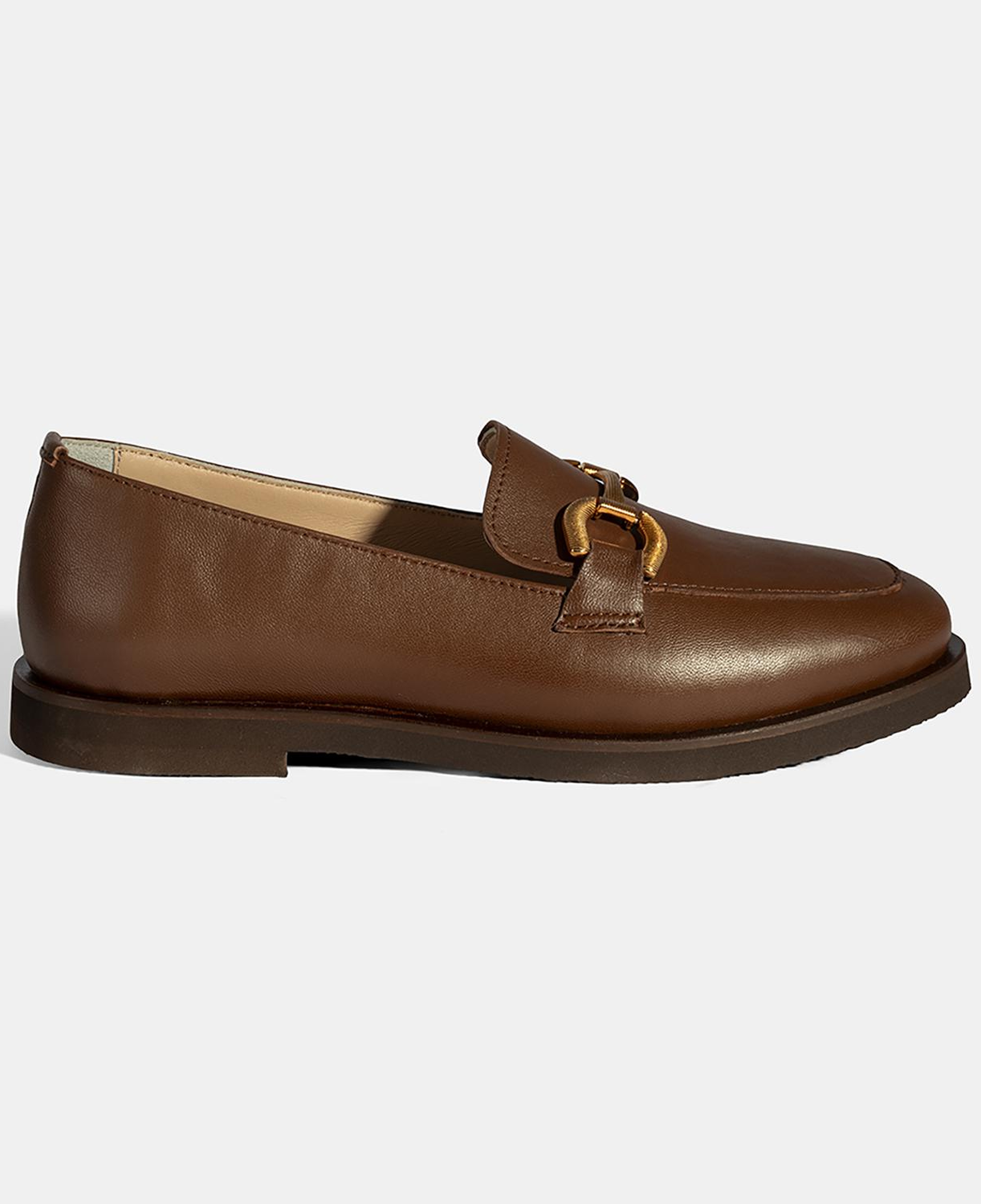 Kadın Taba Metal Toka Aksesuarlı Deri Loafer