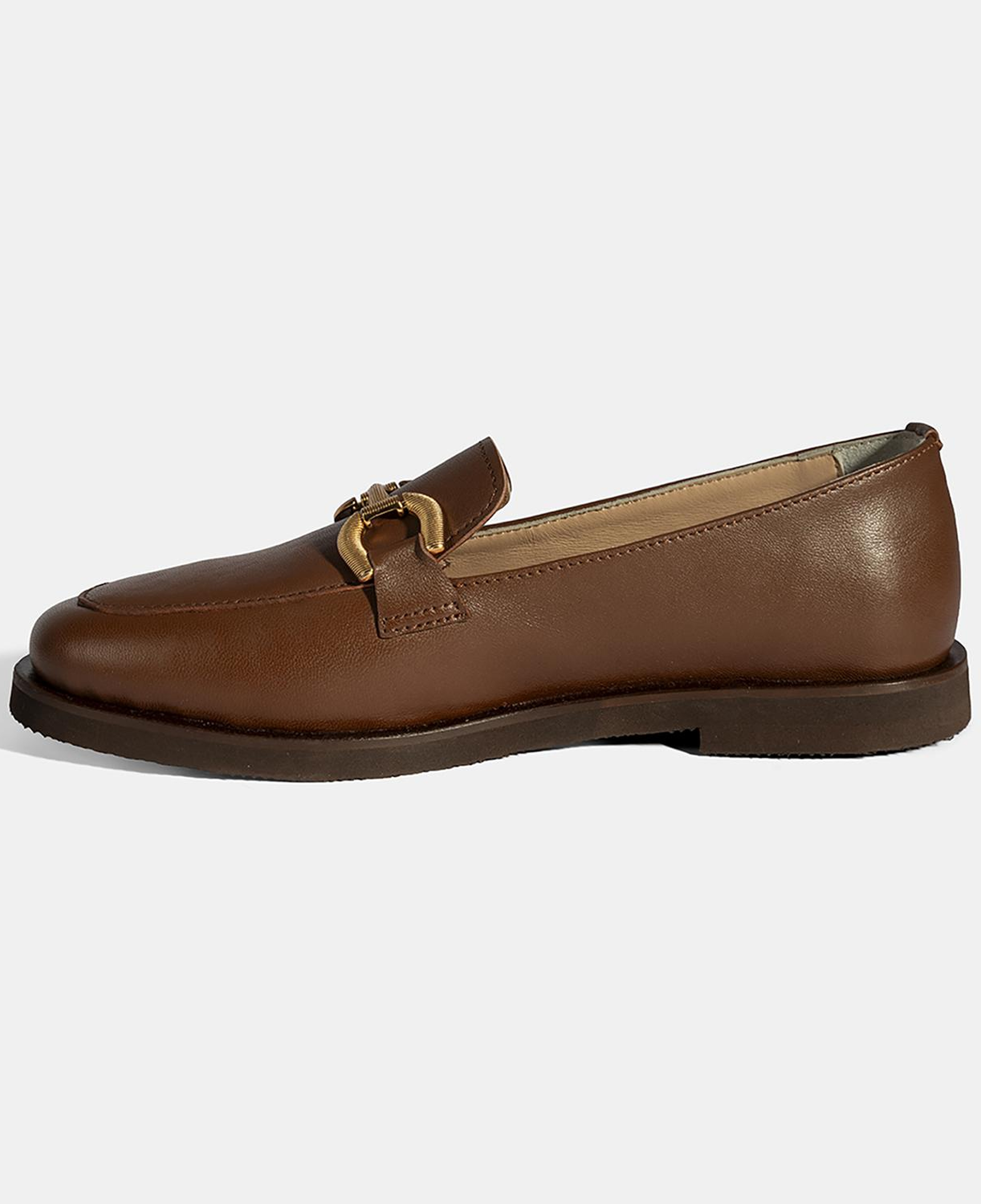 Kadın Taba Metal Toka Aksesuarlı Deri Loafer