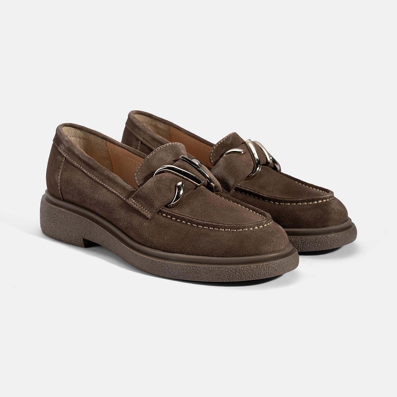 Kadın Kahve Metal Toka Detaylı Süet Loafer