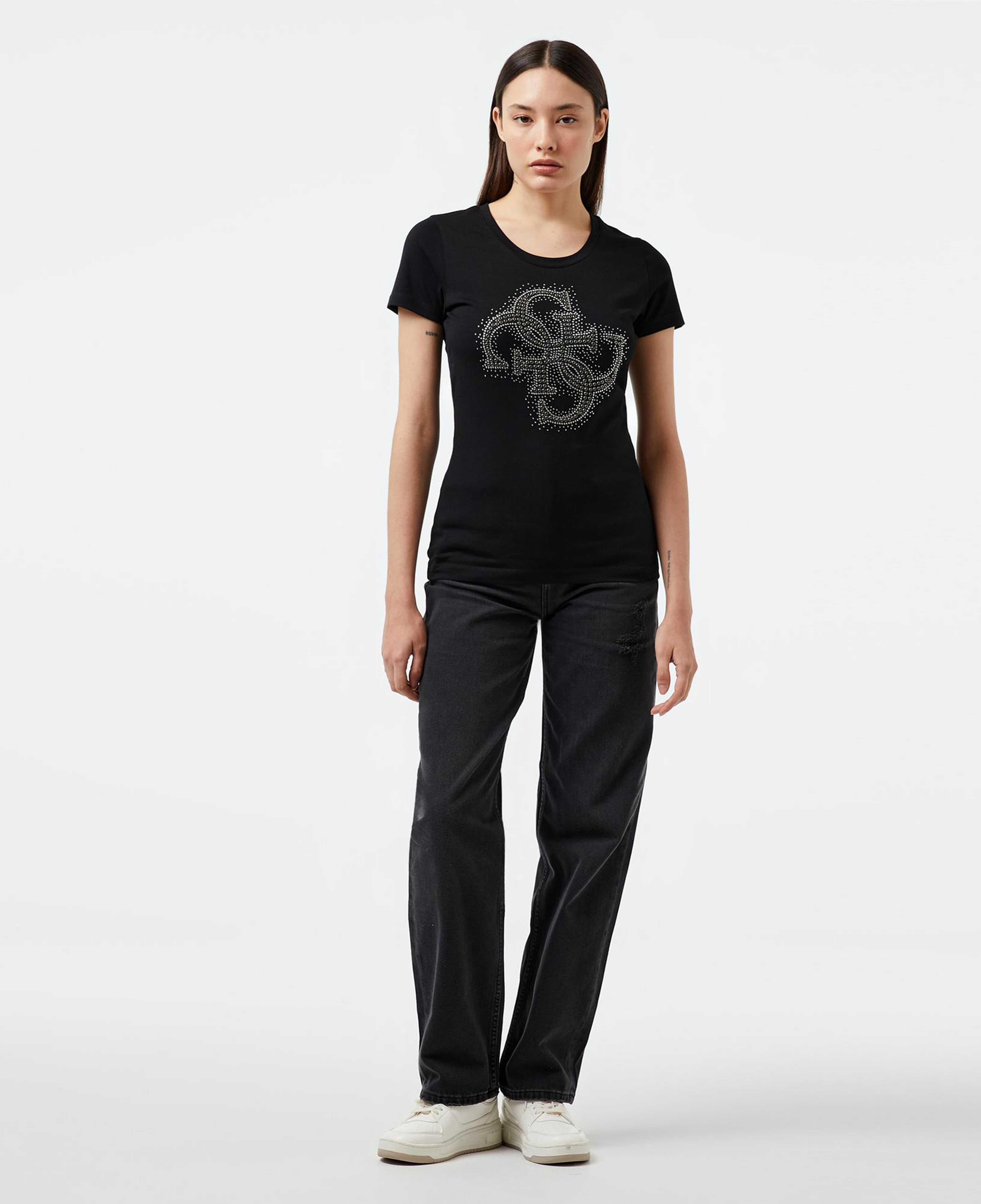 Guess Rn 4Logo Mid Organic Stretch Jersey 180 Kadın Siyah T-Shirt