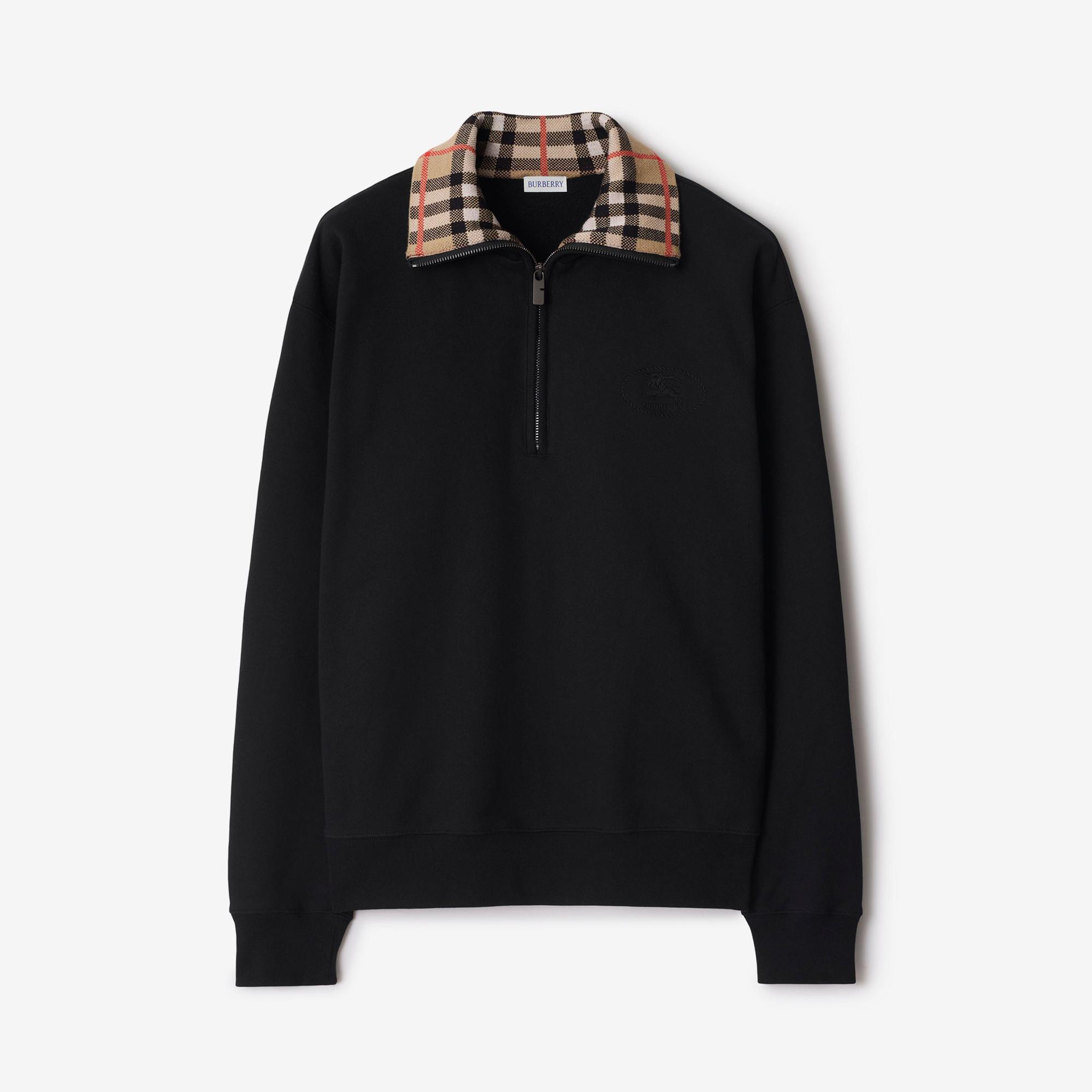 Burberry Ray Check Collar Cotton Yarım Fermuarlı Erkek Siyah Polo
