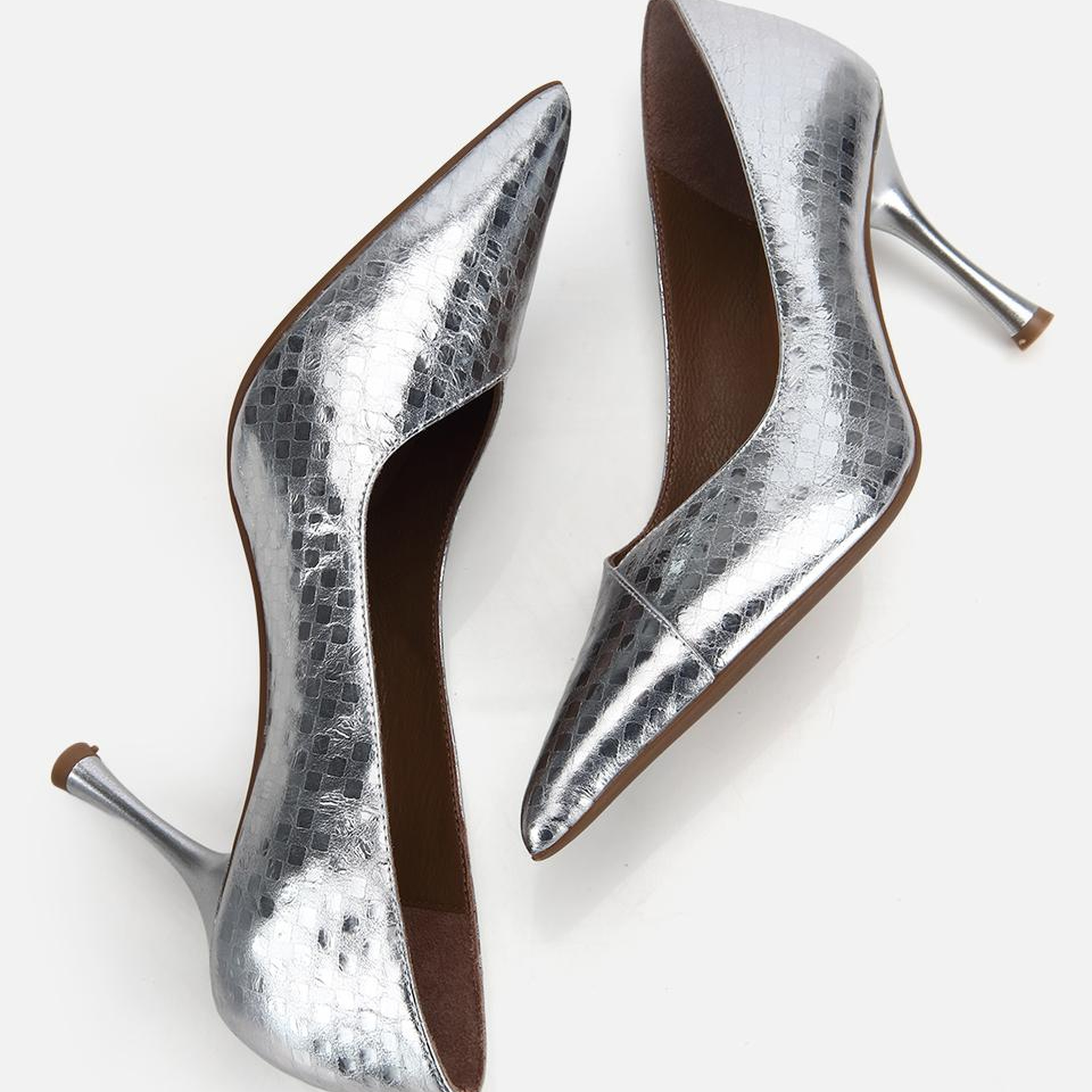 Kadın Deri Gri Baskı Detaylı Metalik Stiletto