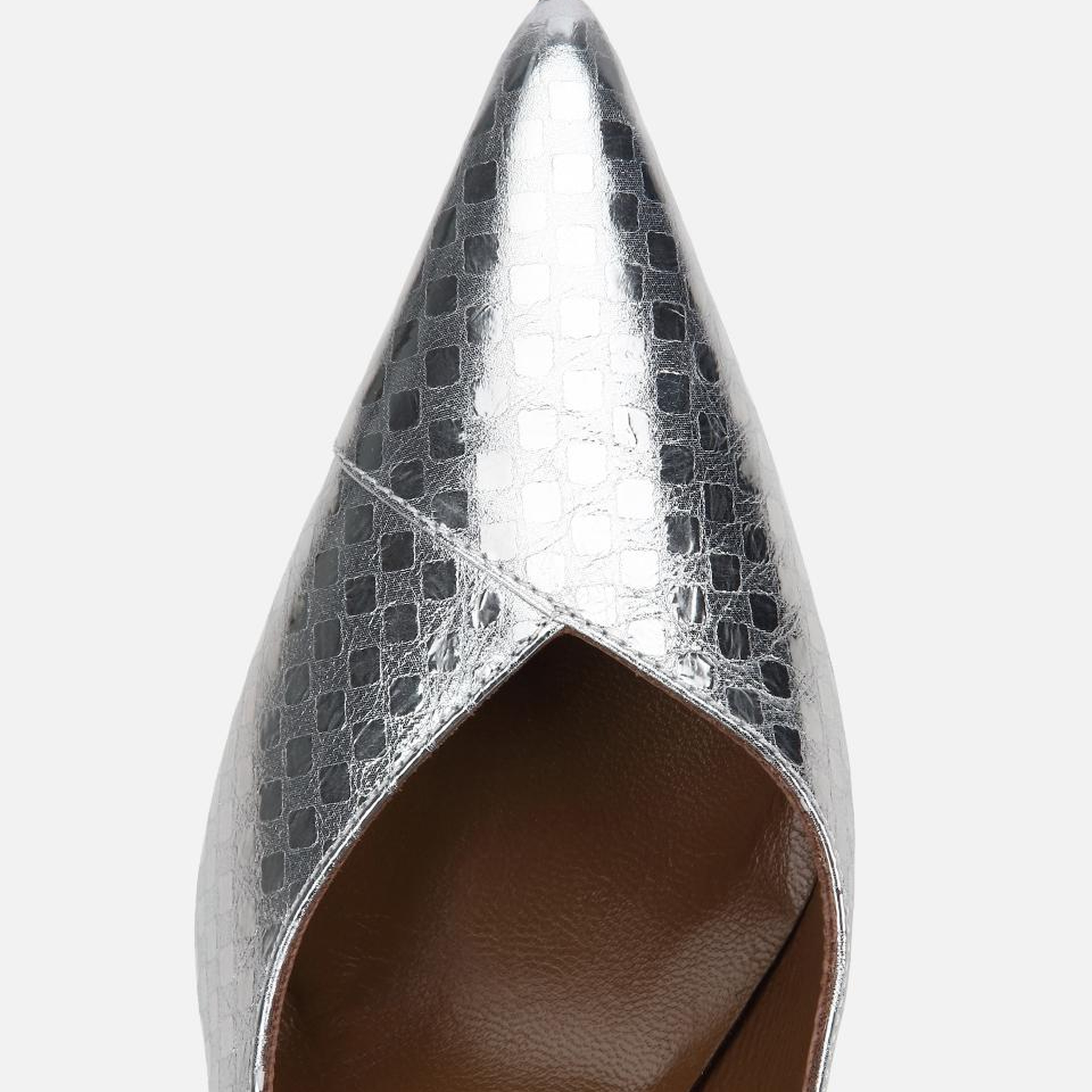 Kadın Deri Gri Baskı Detaylı Metalik Stiletto