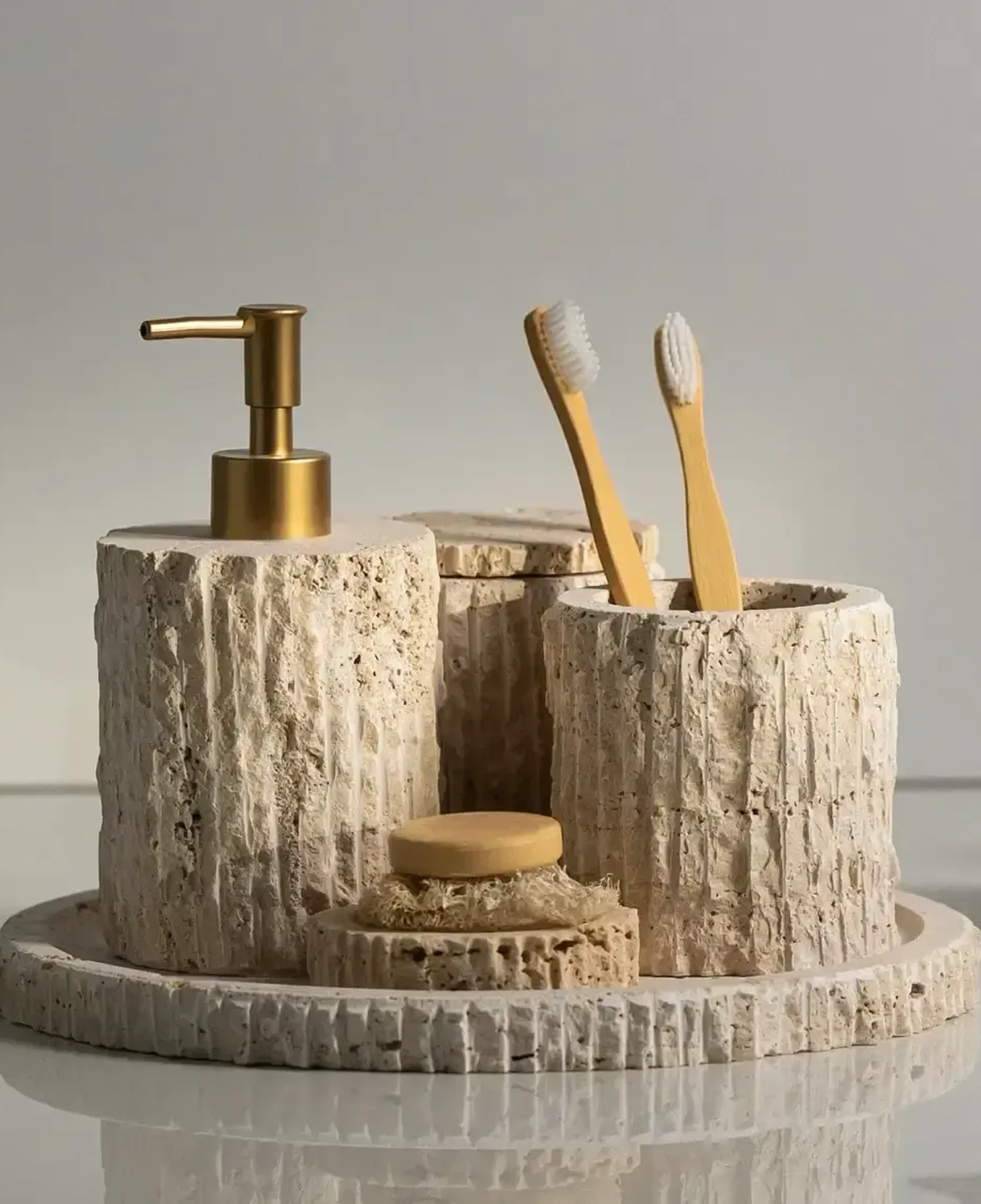 Qua Home Rizz Mermer 5' li Banyo Seti Traverten