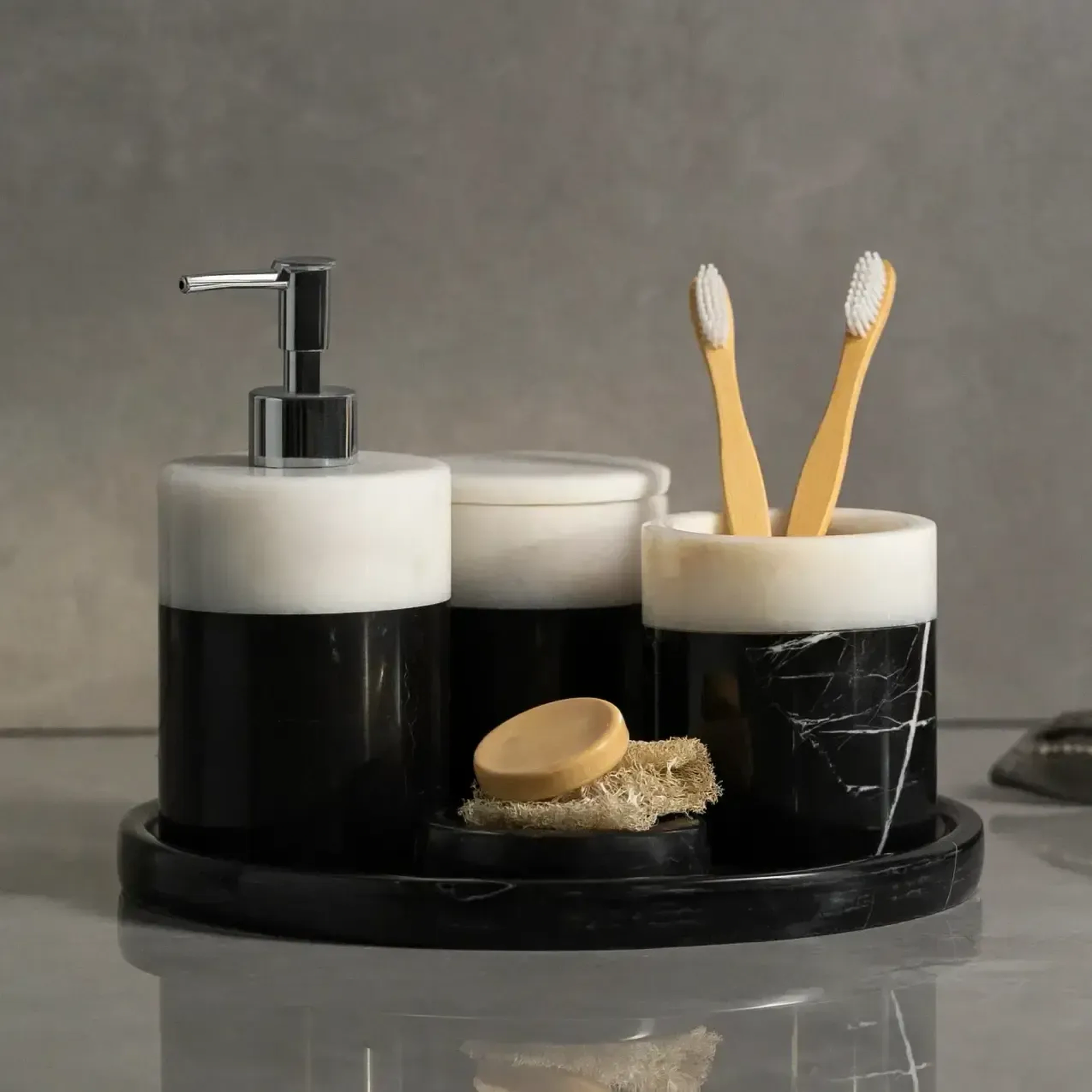 Qua Home Rizz Mermer 5' li Banyo Seti Siyah Beyaz