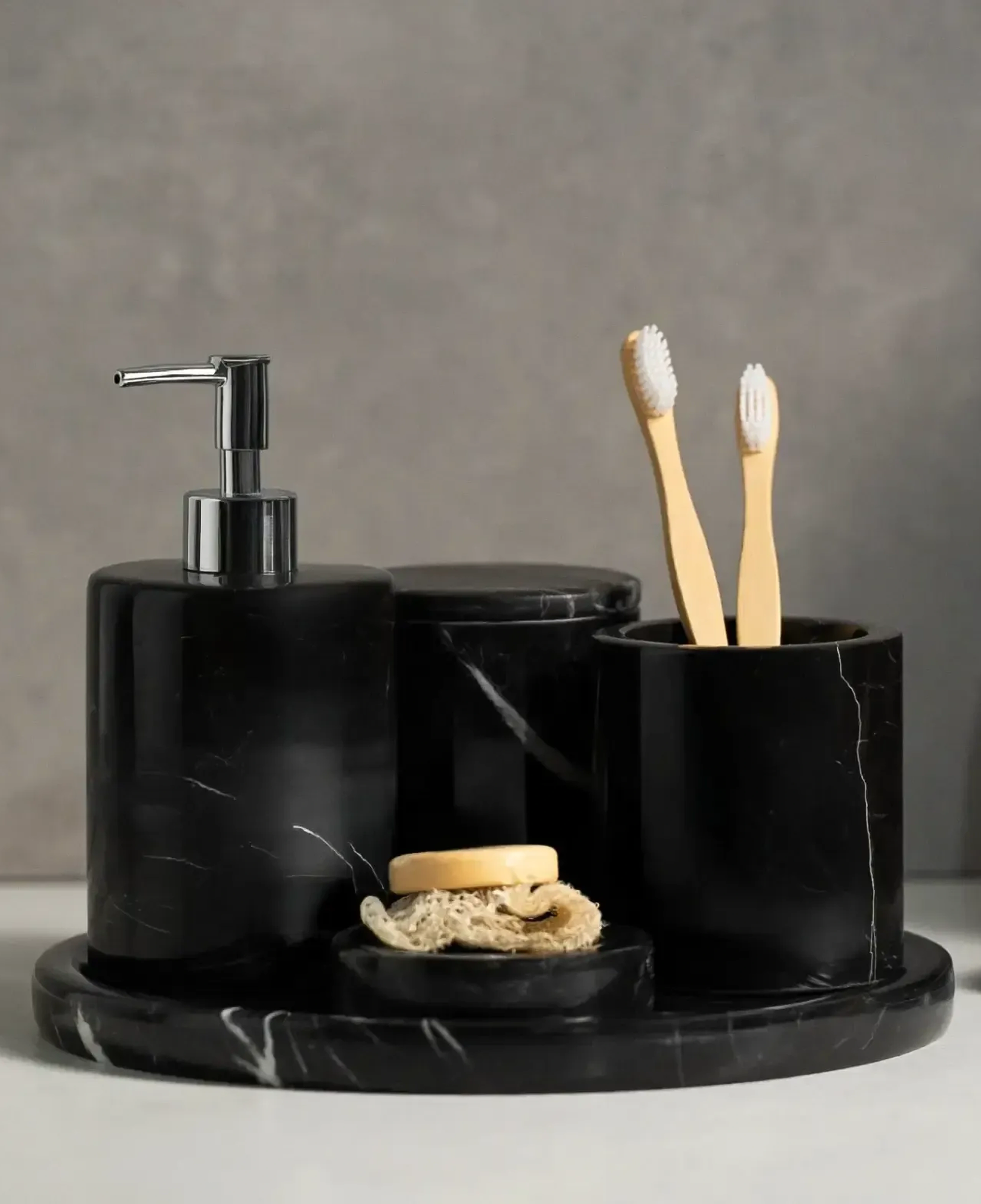 Qua Home Rizz Mermer 5' li Banyo Seti Siyah