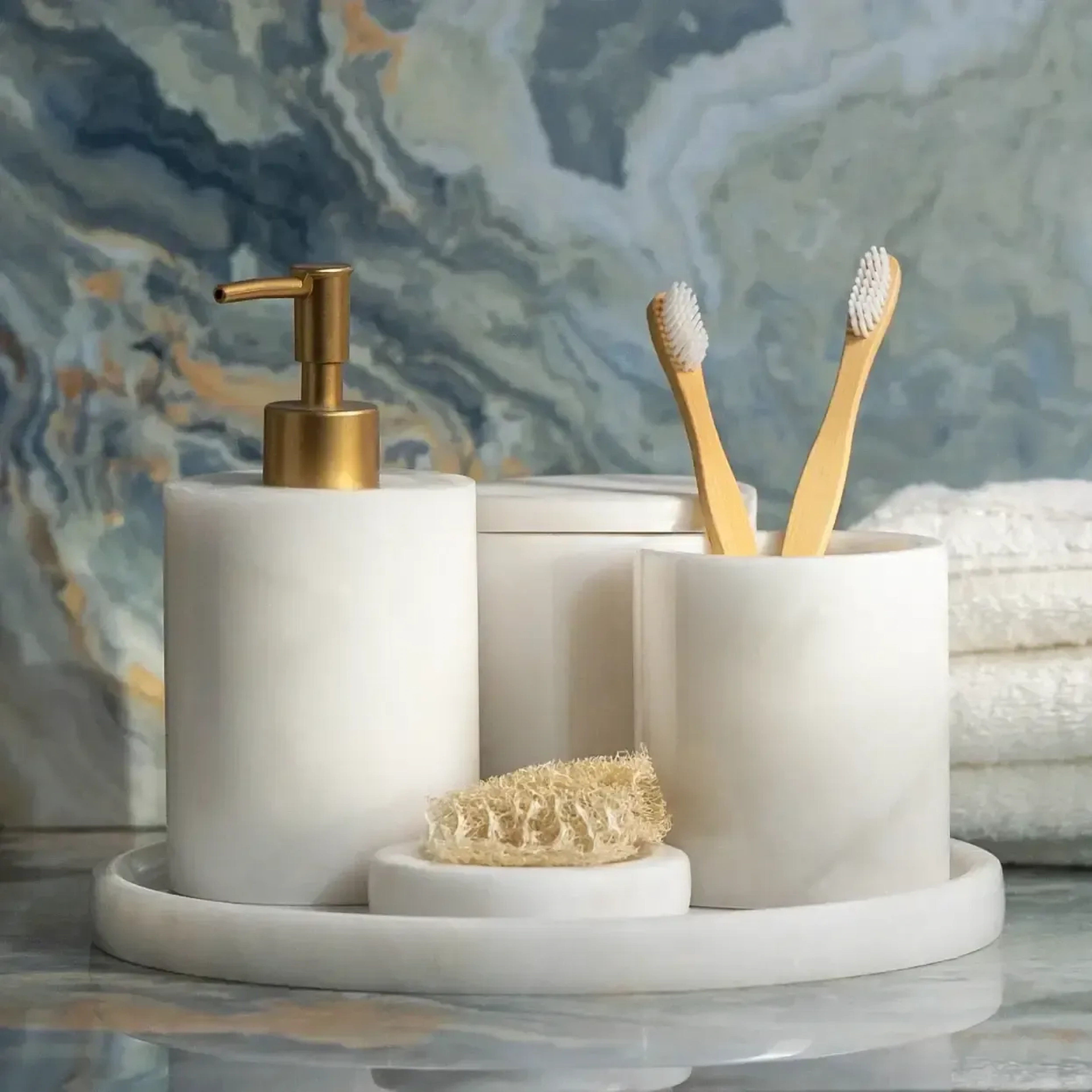 Qua Home Rizz Mermer 5' li Banyo Seti Beyaz