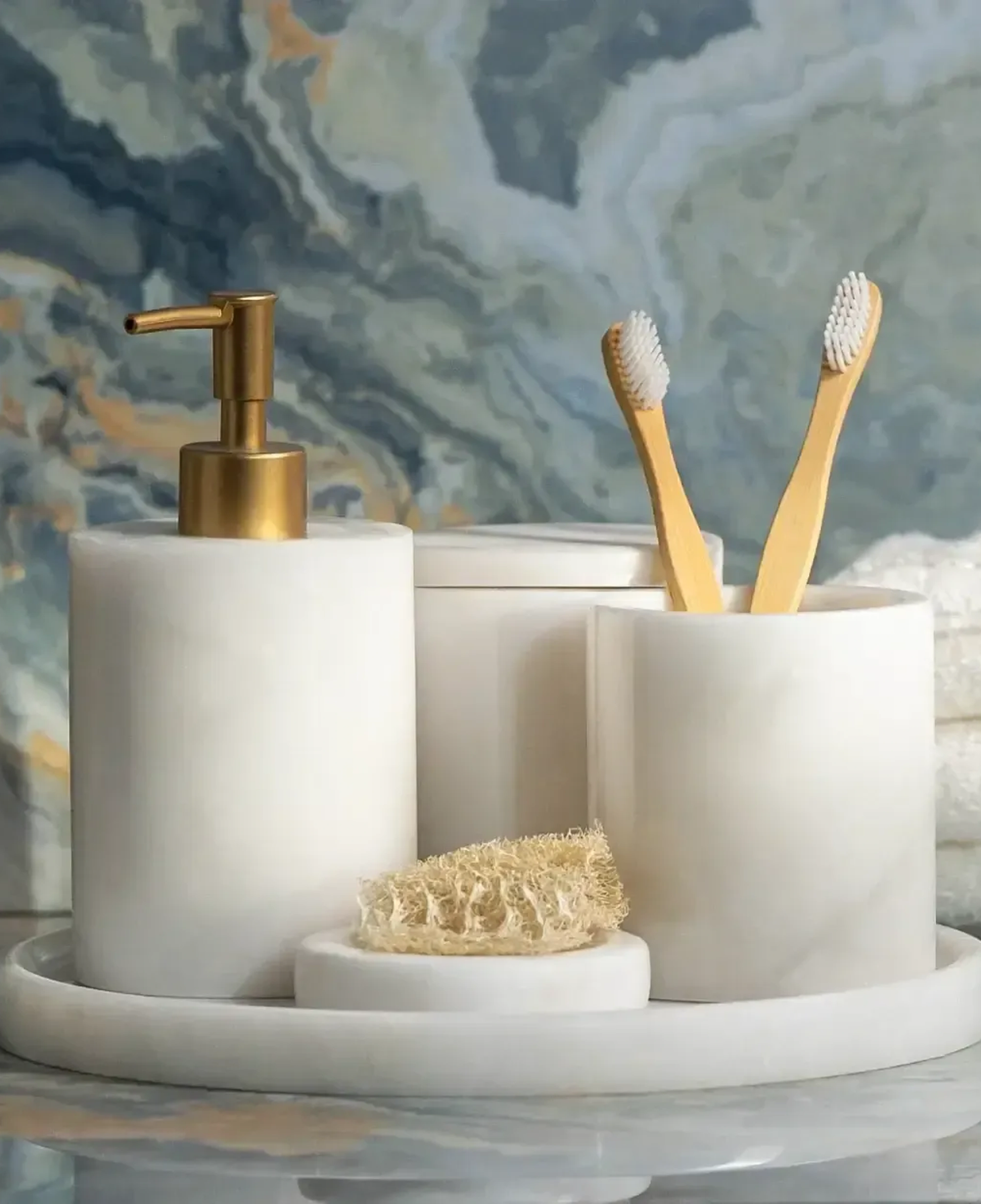 Qua Home Rizz Mermer 5' li Banyo Seti Beyaz