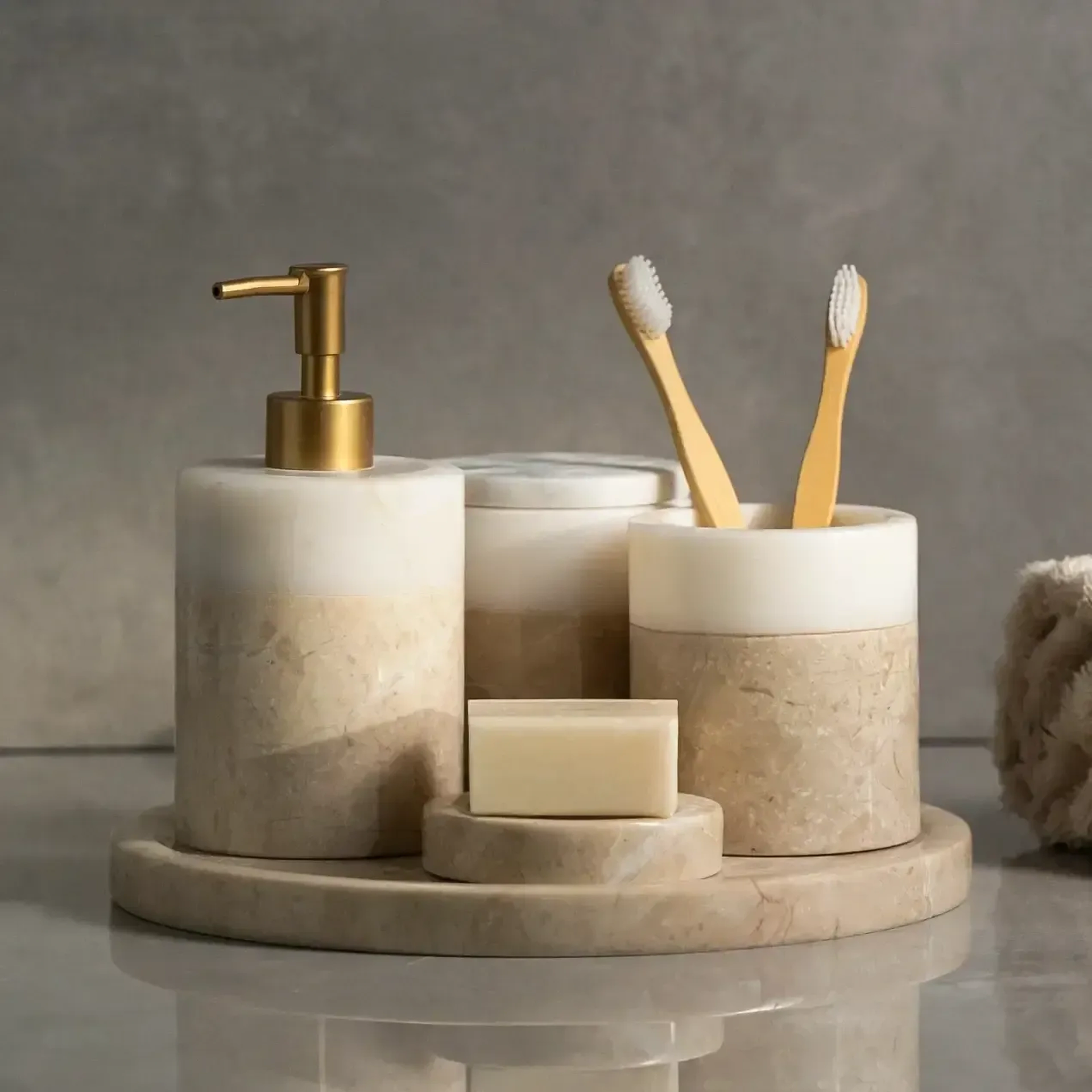 Qua Home Rizz Mermer 5' li Banyo Seti Bej Beyaz