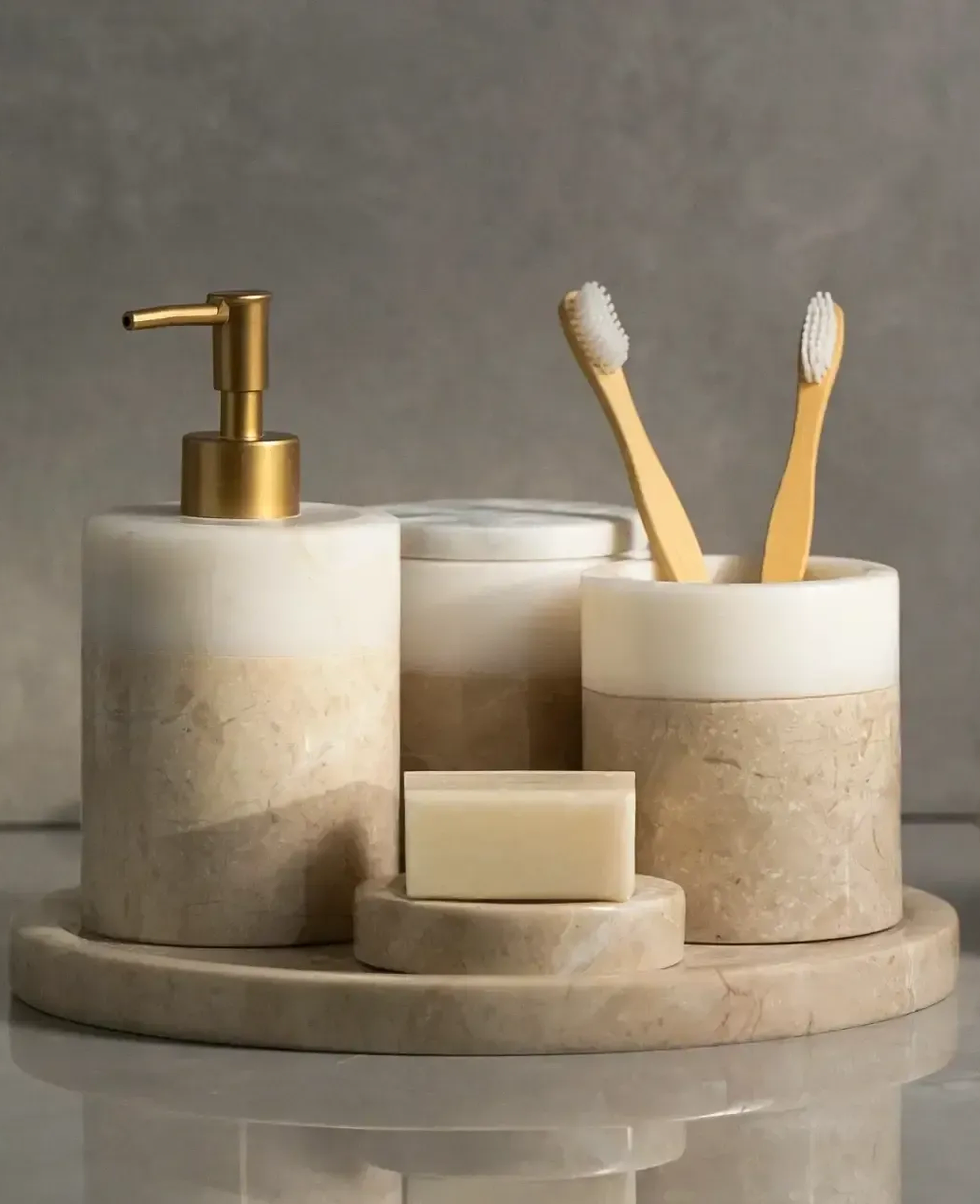 Qua Home Rizz Mermer 5' li Banyo Seti Bej Beyaz