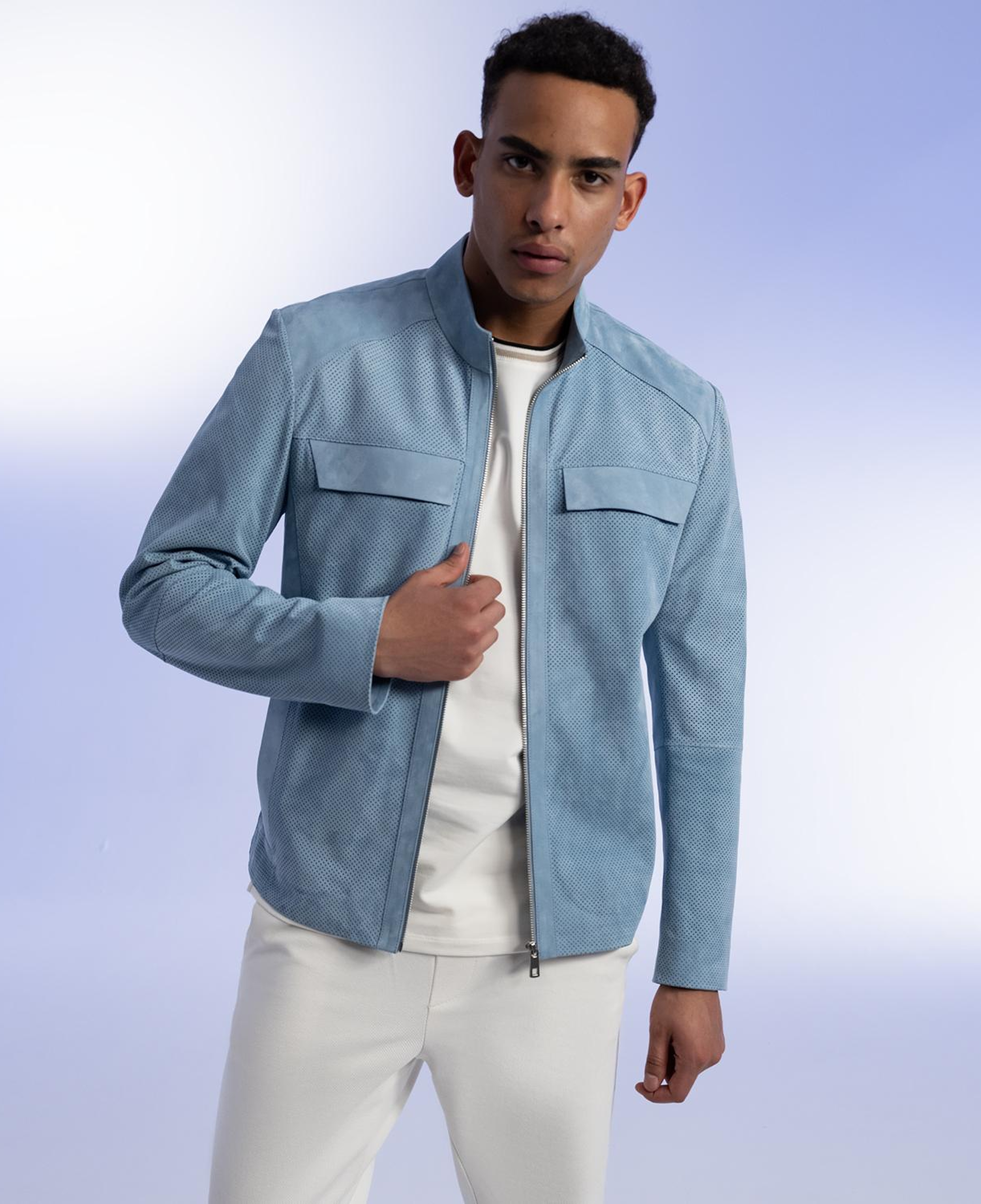 Zelmira Mavi Erkek Perfore Süet Deri Ceket