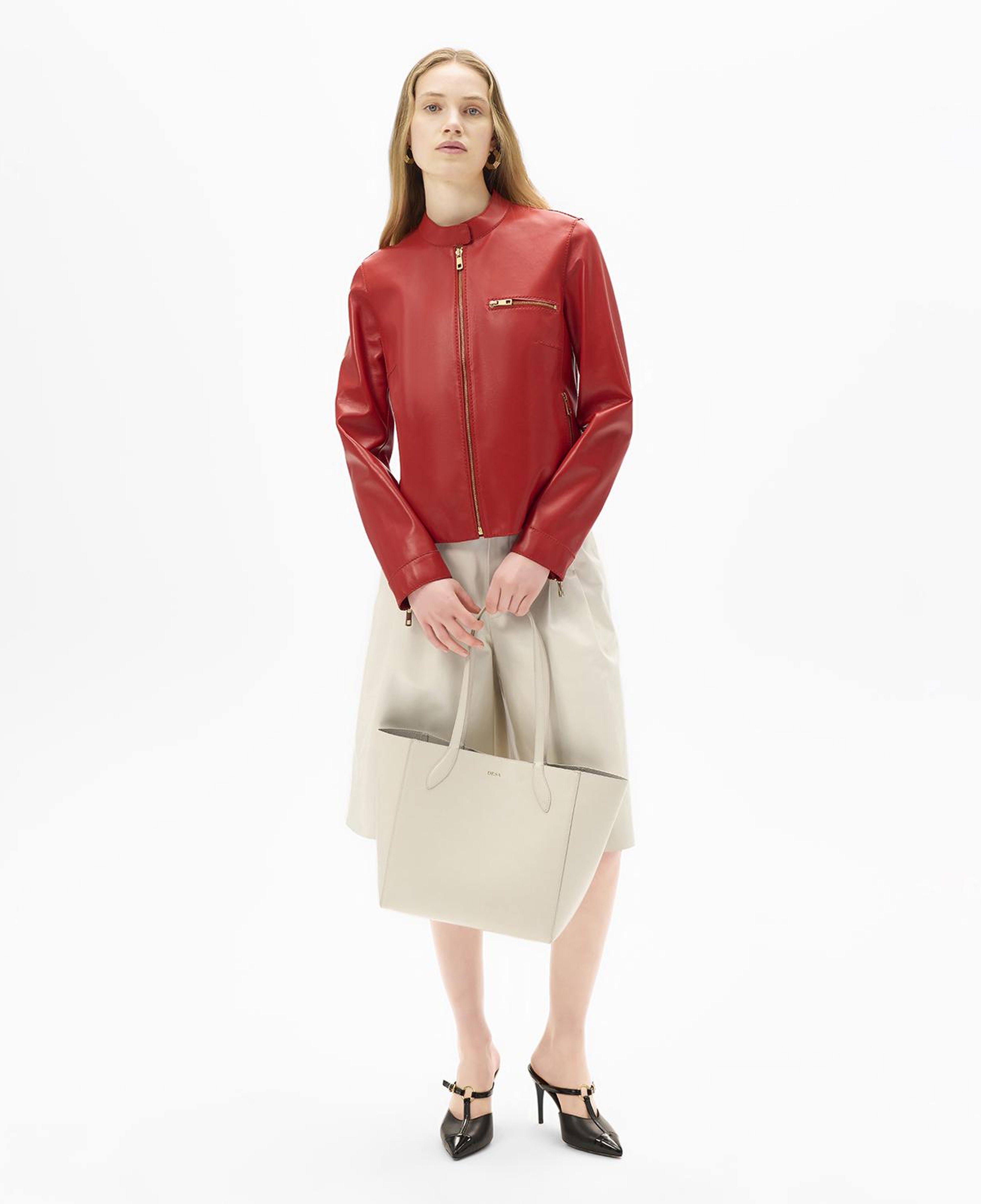 Kadın Kırmızı Hakim Yakalı Deri Ceket