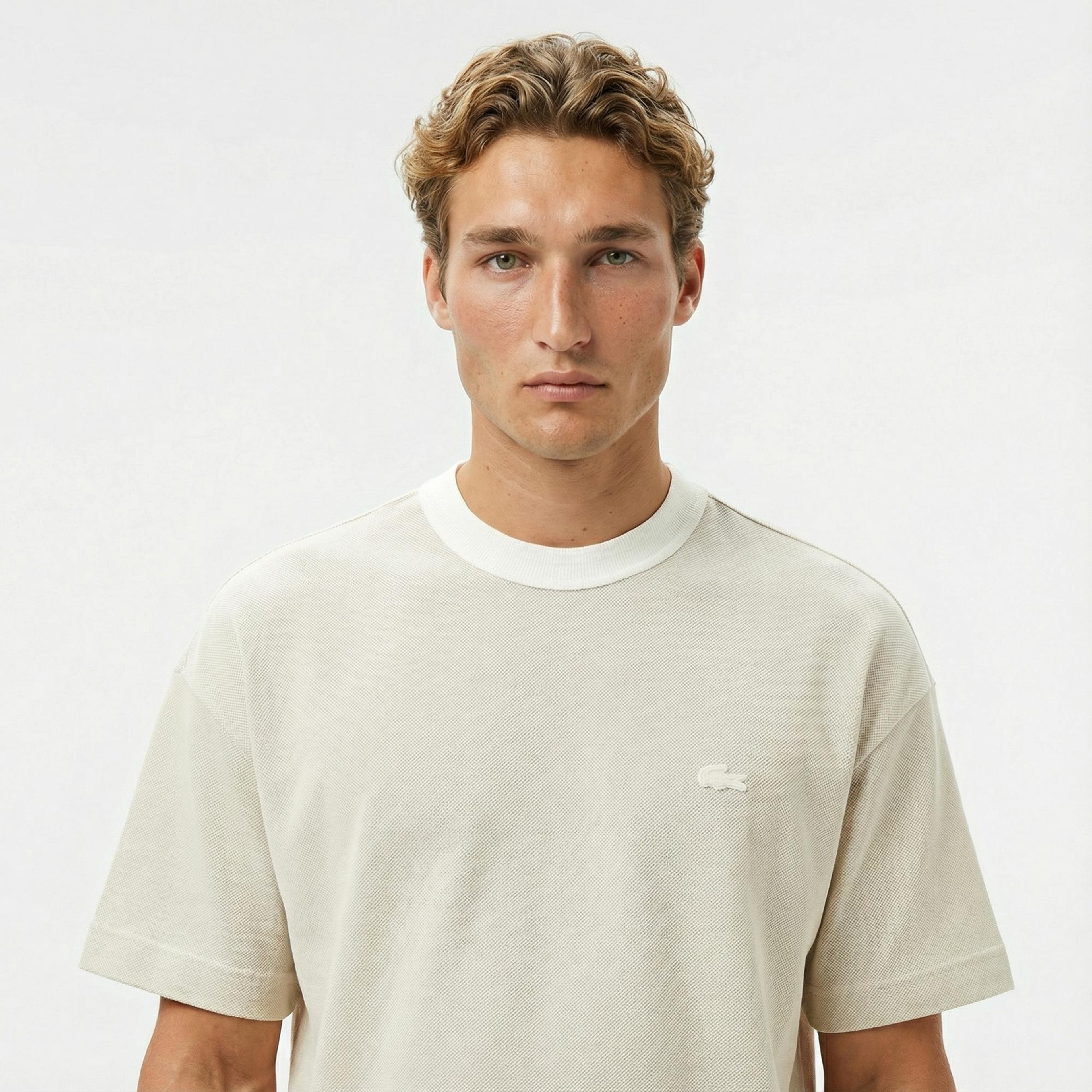 Lacoste Erkek Oversize Fit Bisiklet Yaka Krem T-Shirt