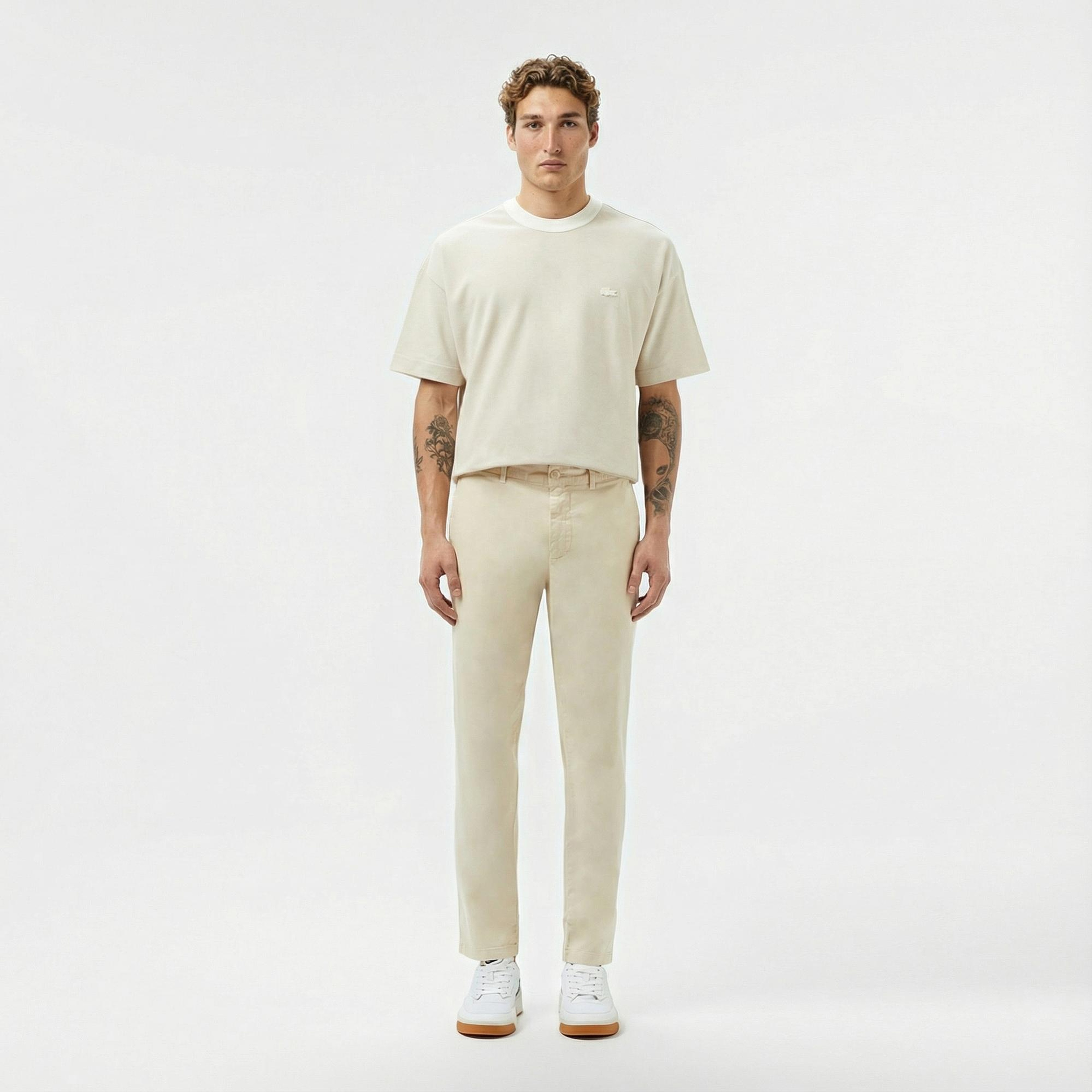 Lacoste Erkek Oversize Fit Bisiklet Yaka Krem T-Shirt