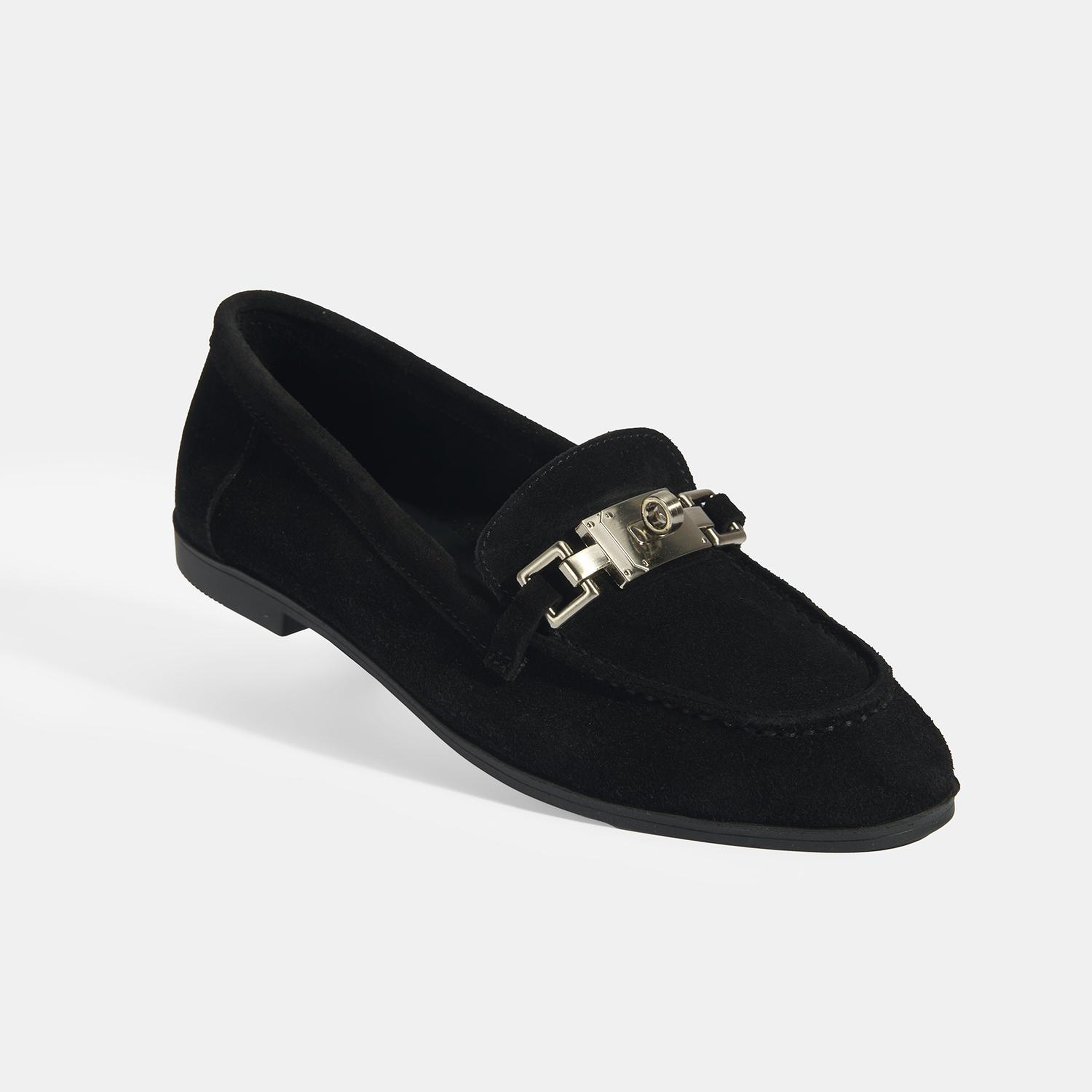 Kadın Siyah Kilit Aksesuarlı Slip-On Süet Loafer