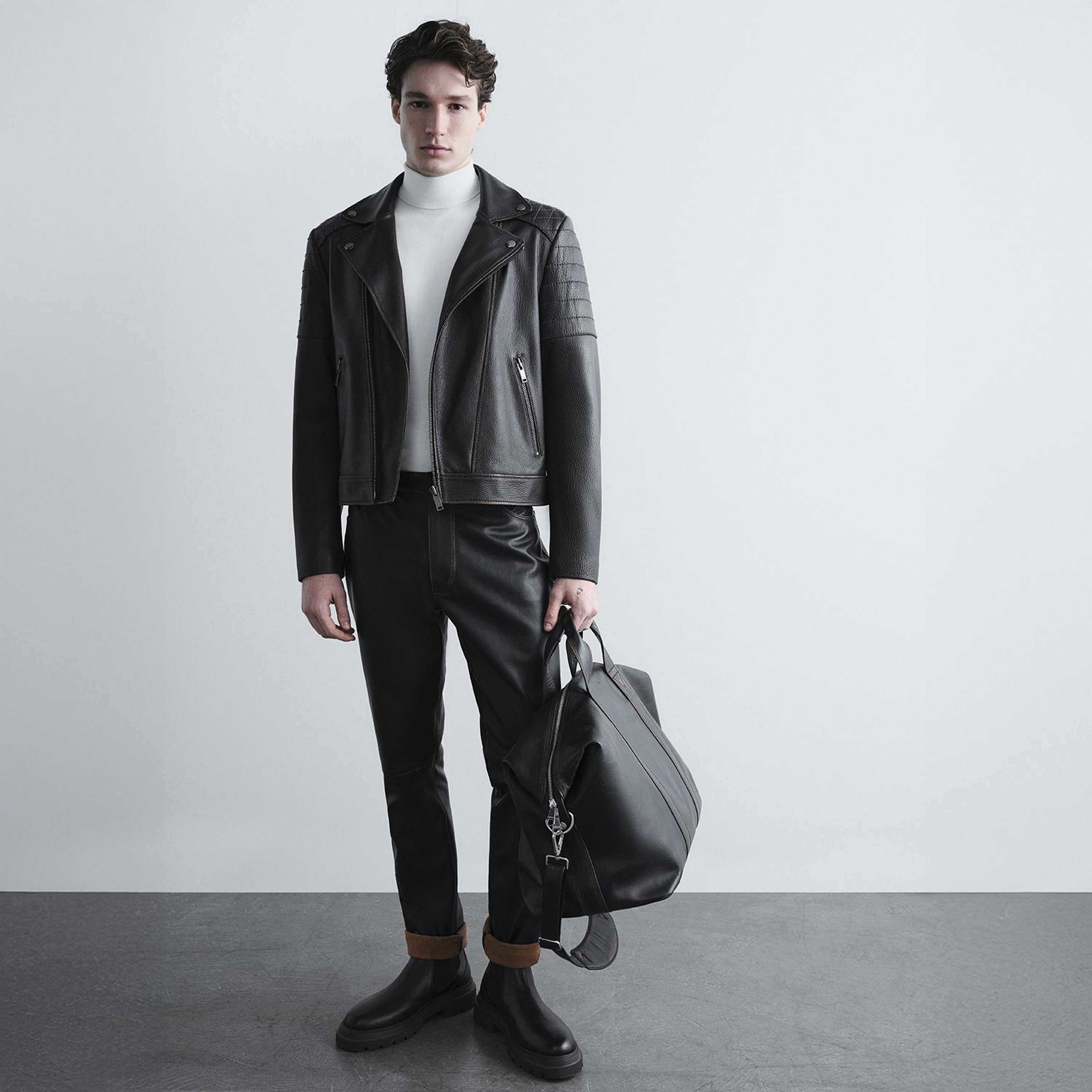 DESA Erkek Koyu Kahve Eskitme Vintage Deri Biker Ceket