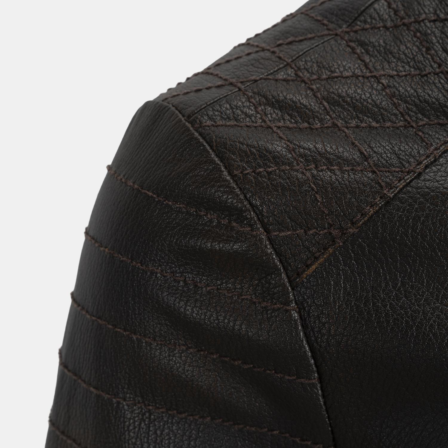 DESA Erkek Koyu Kahve Eskitme Vintage Deri Biker Ceket