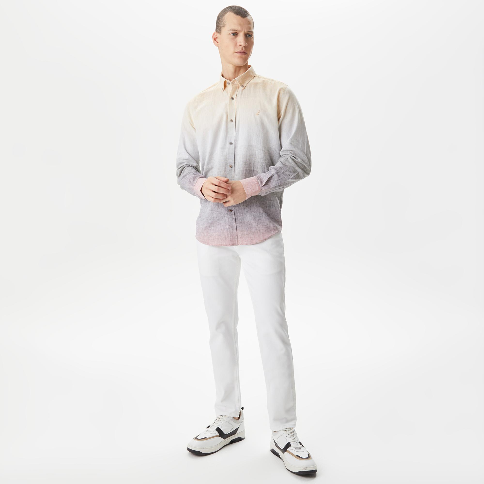 Nautica Erkek Bej Classic Fit Uzun Kollu Renk Bloklu Gömlek