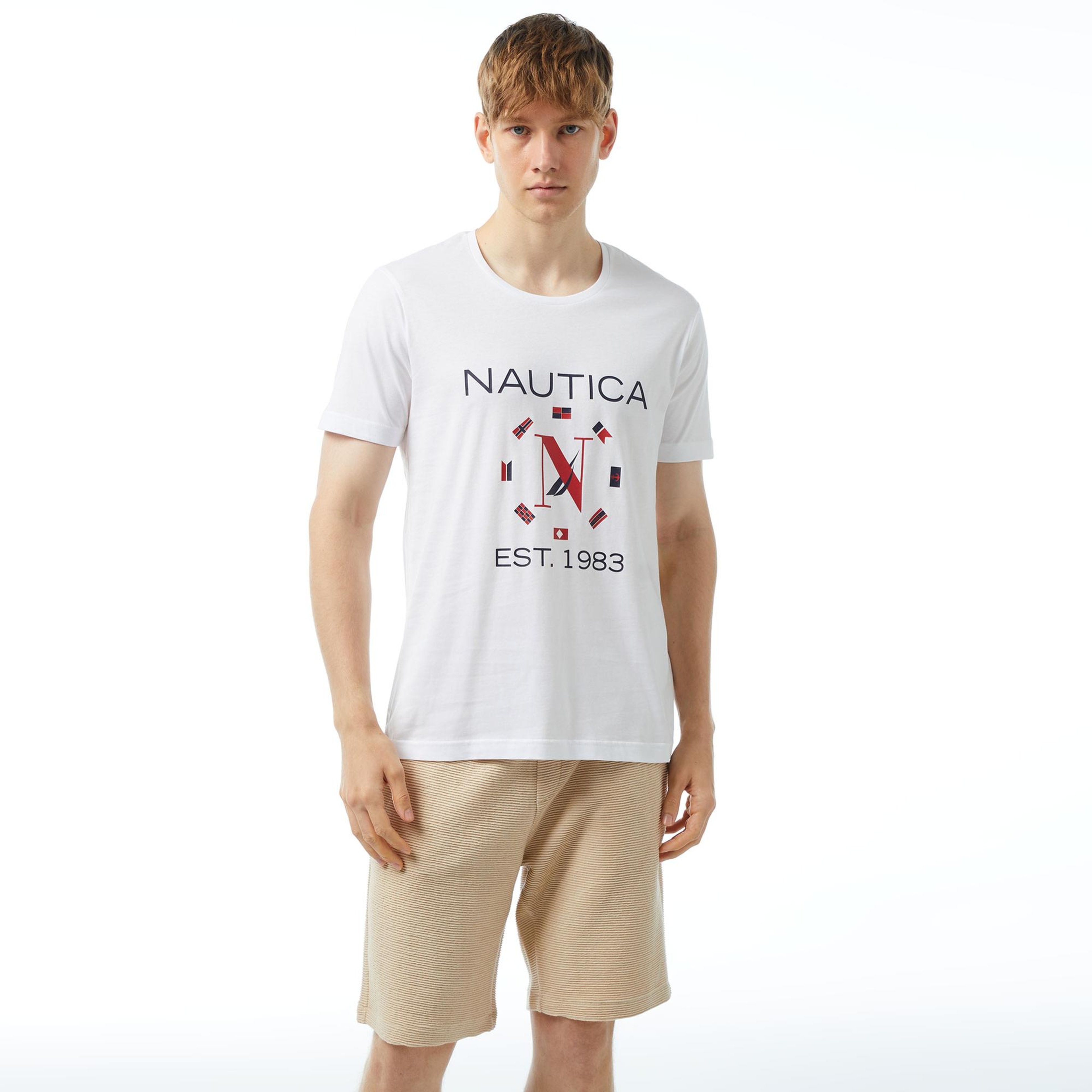 Nautica Erkek Beyaz Standart Fit Kısa Kollu Baskılı T-Shirt