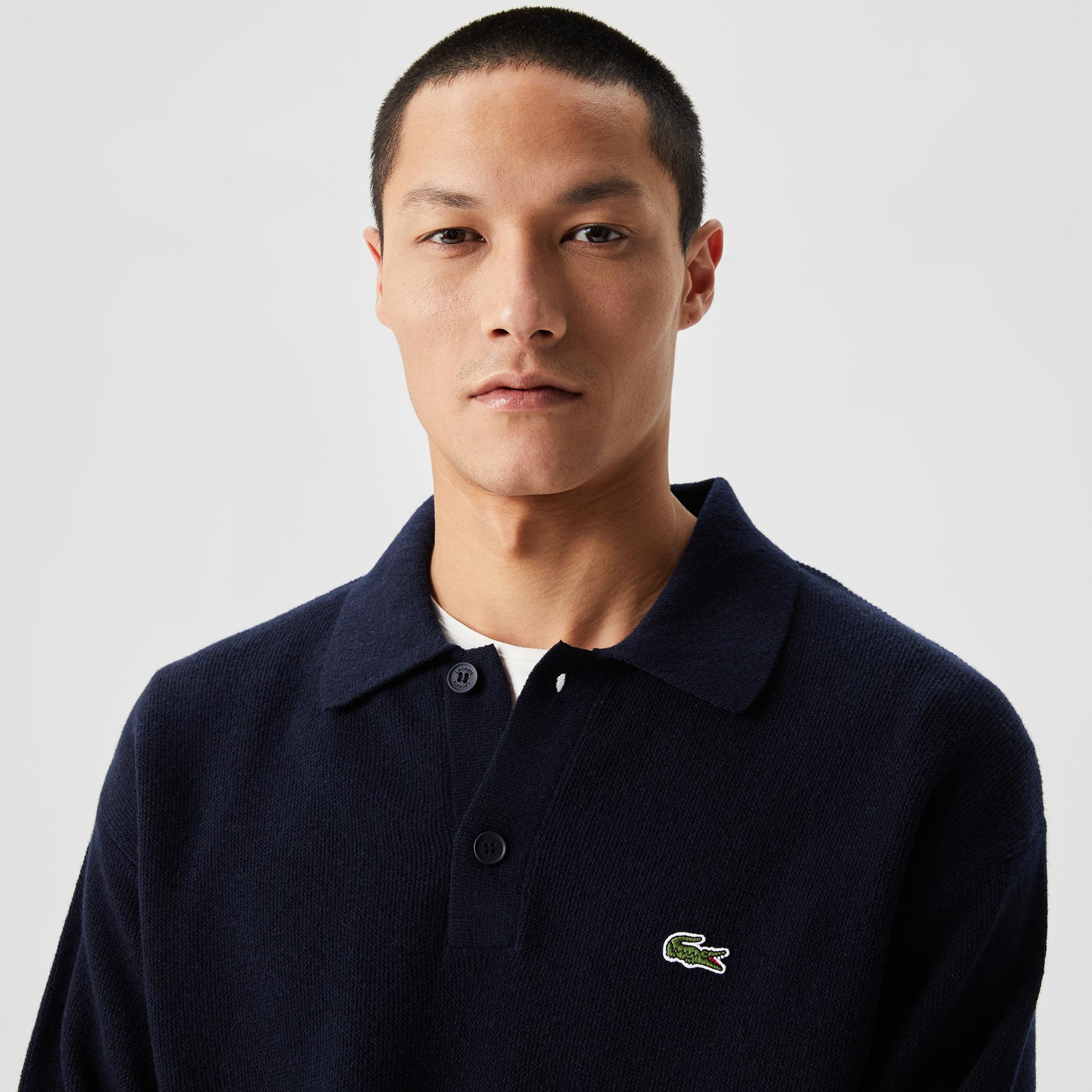 Lacoste Erkek Relaxed Fit Polo Yaka Yün Lacivert Triko