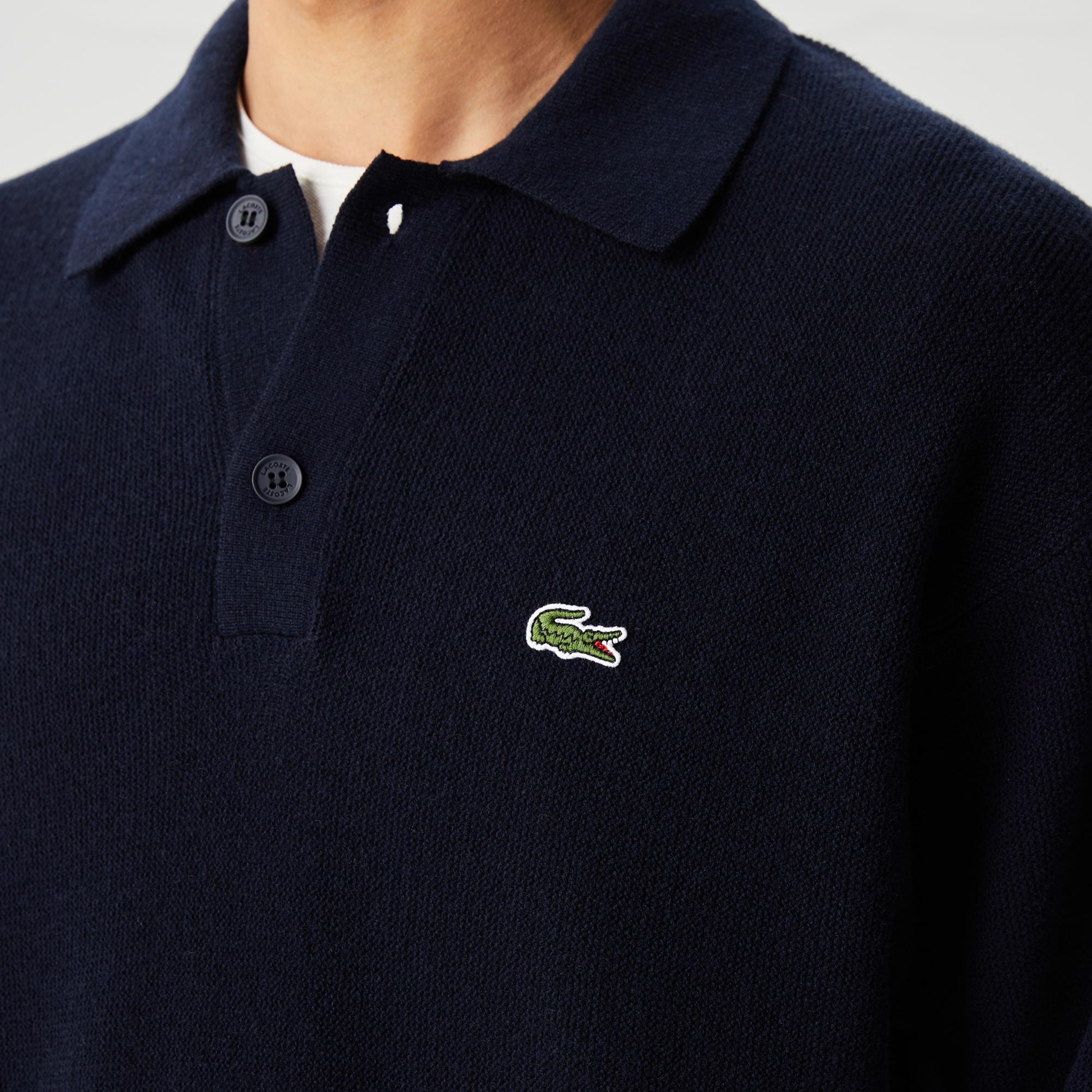 Lacoste Erkek Relaxed Fit Polo Yaka Yün Lacivert Triko