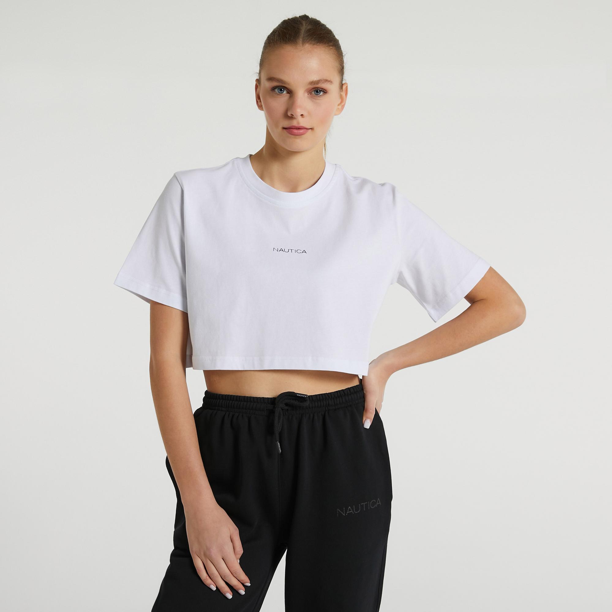Nautica Kadın Beyaz Relaxed Fit Crop T-Shirt