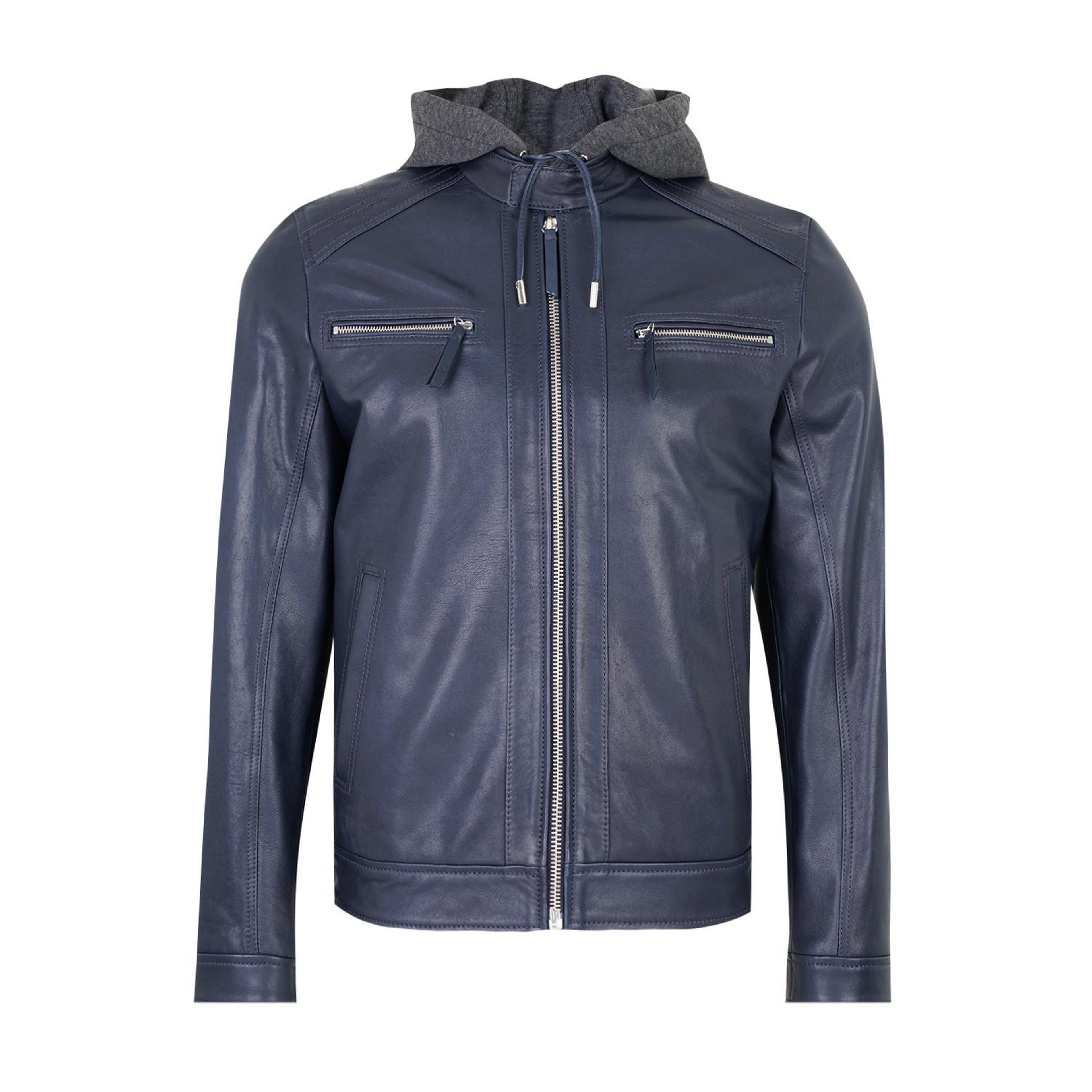 Analu Mavi Erkek Kapüşonlu Deri Mont