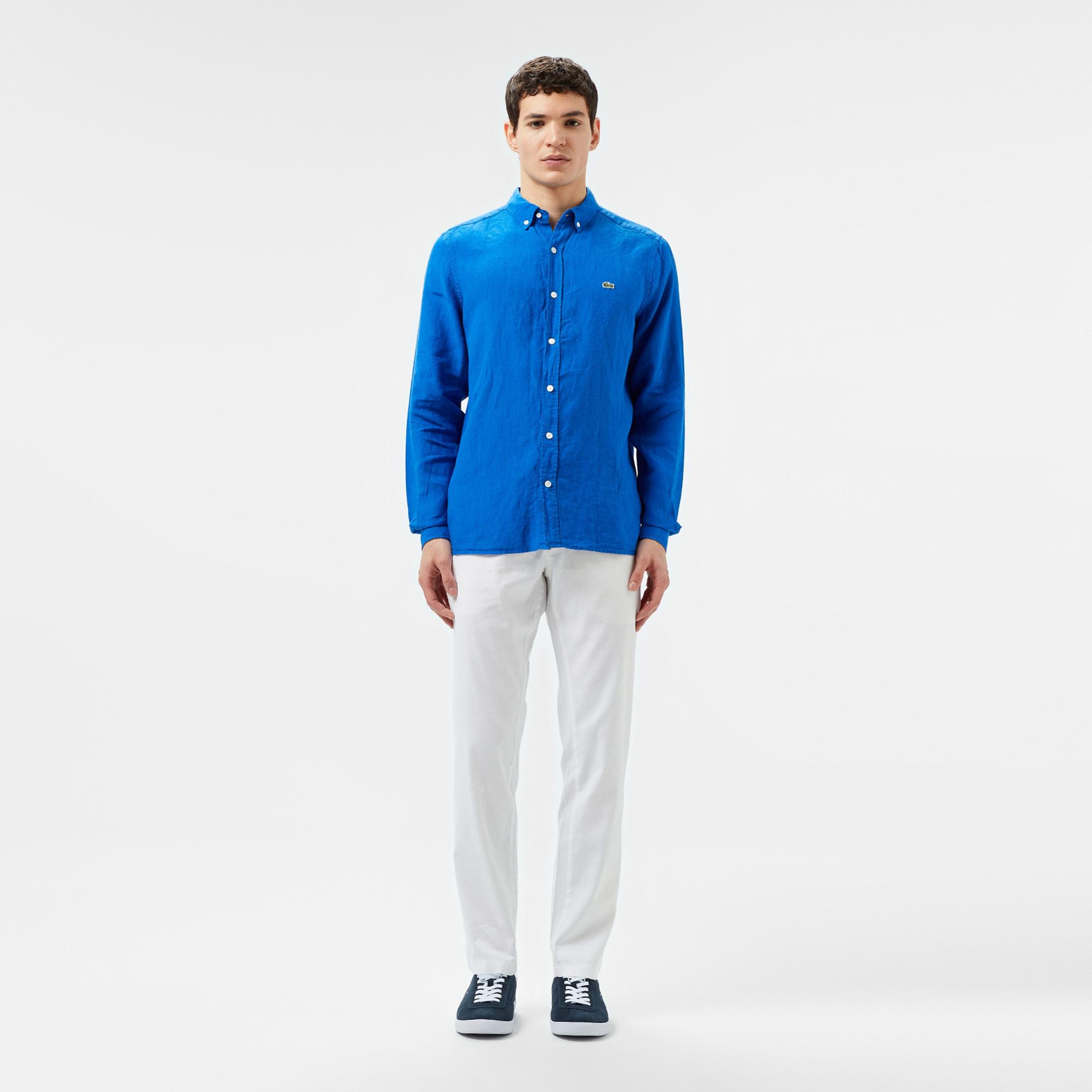 Lacoste Erkek Regular Fit Düğmeli Yaka Keten Mavi Gömlek