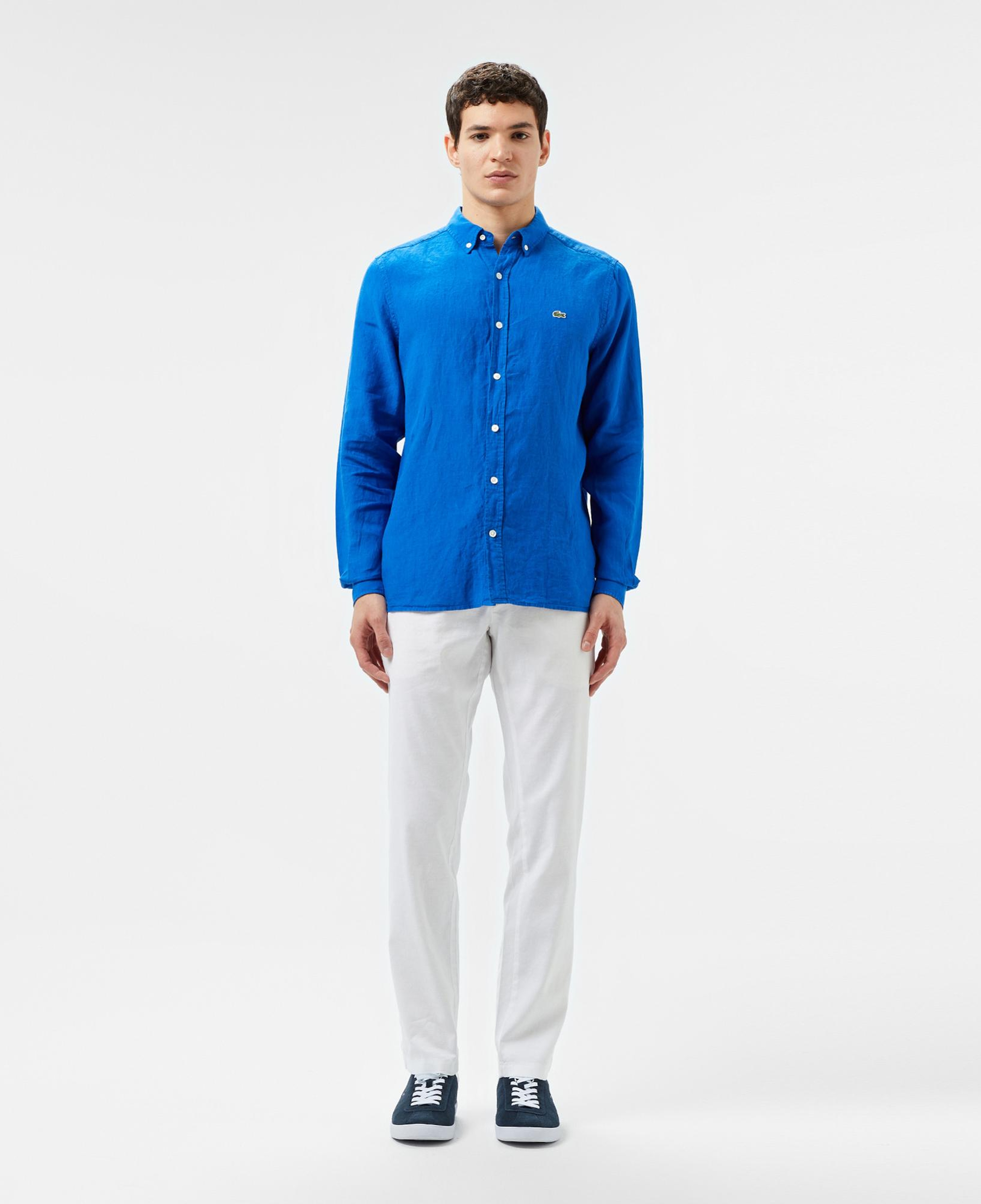 Lacoste Erkek Regular Fit Düğmeli Yaka Keten Mavi Gömlek