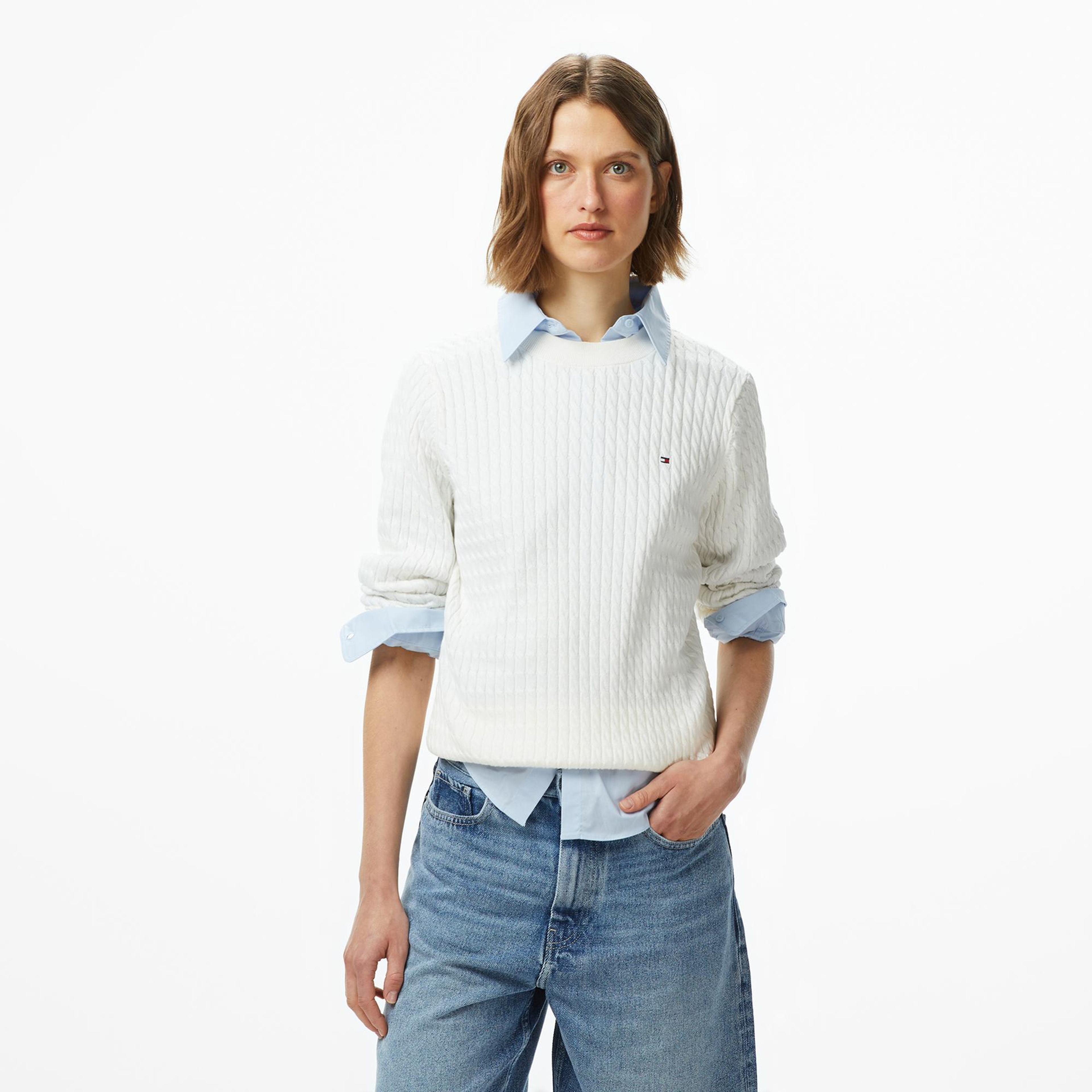 Tommy Hilfiger Cable Fine Kadın Beyaz Kazak