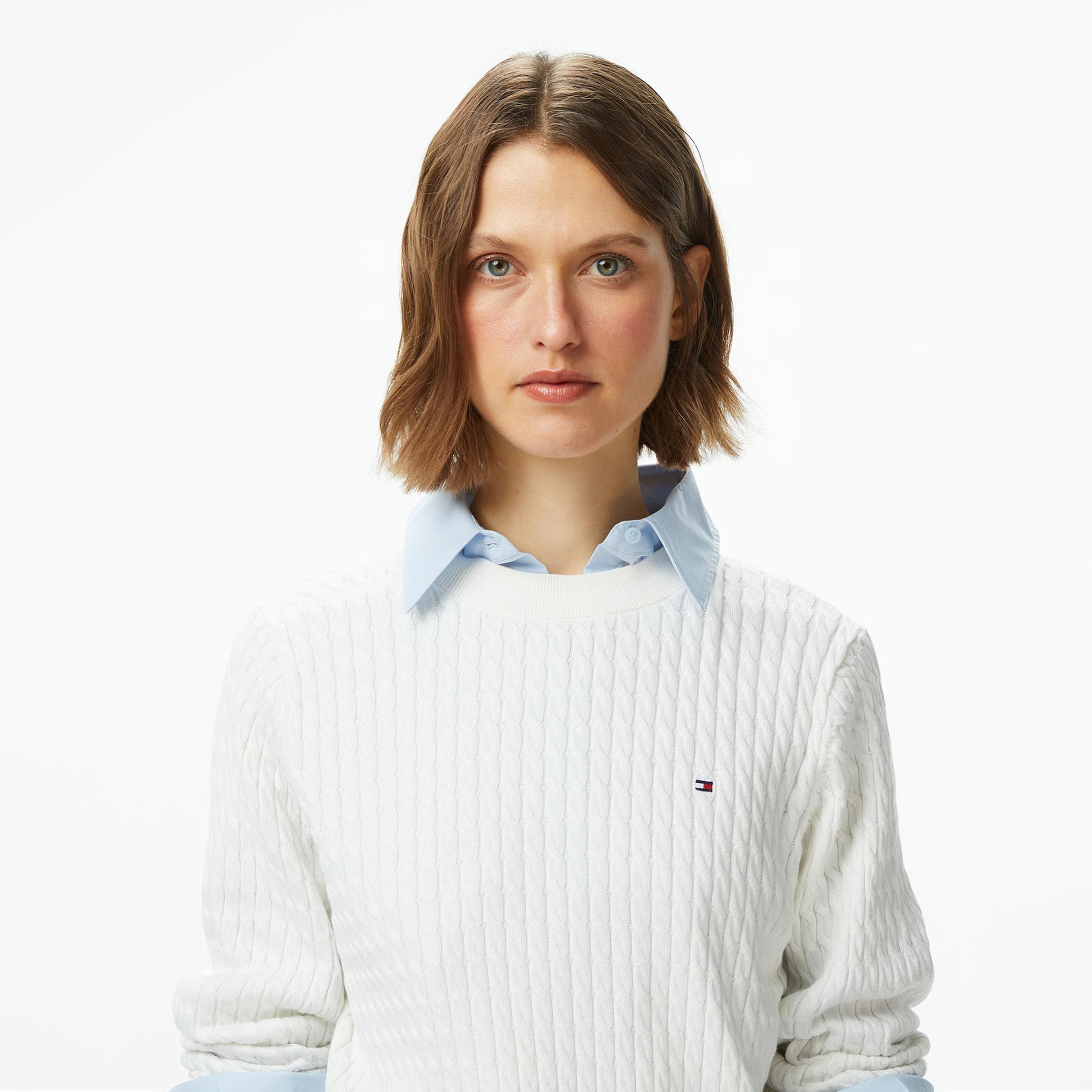 Tommy Hilfiger Cable Fine Kadın Beyaz Kazak