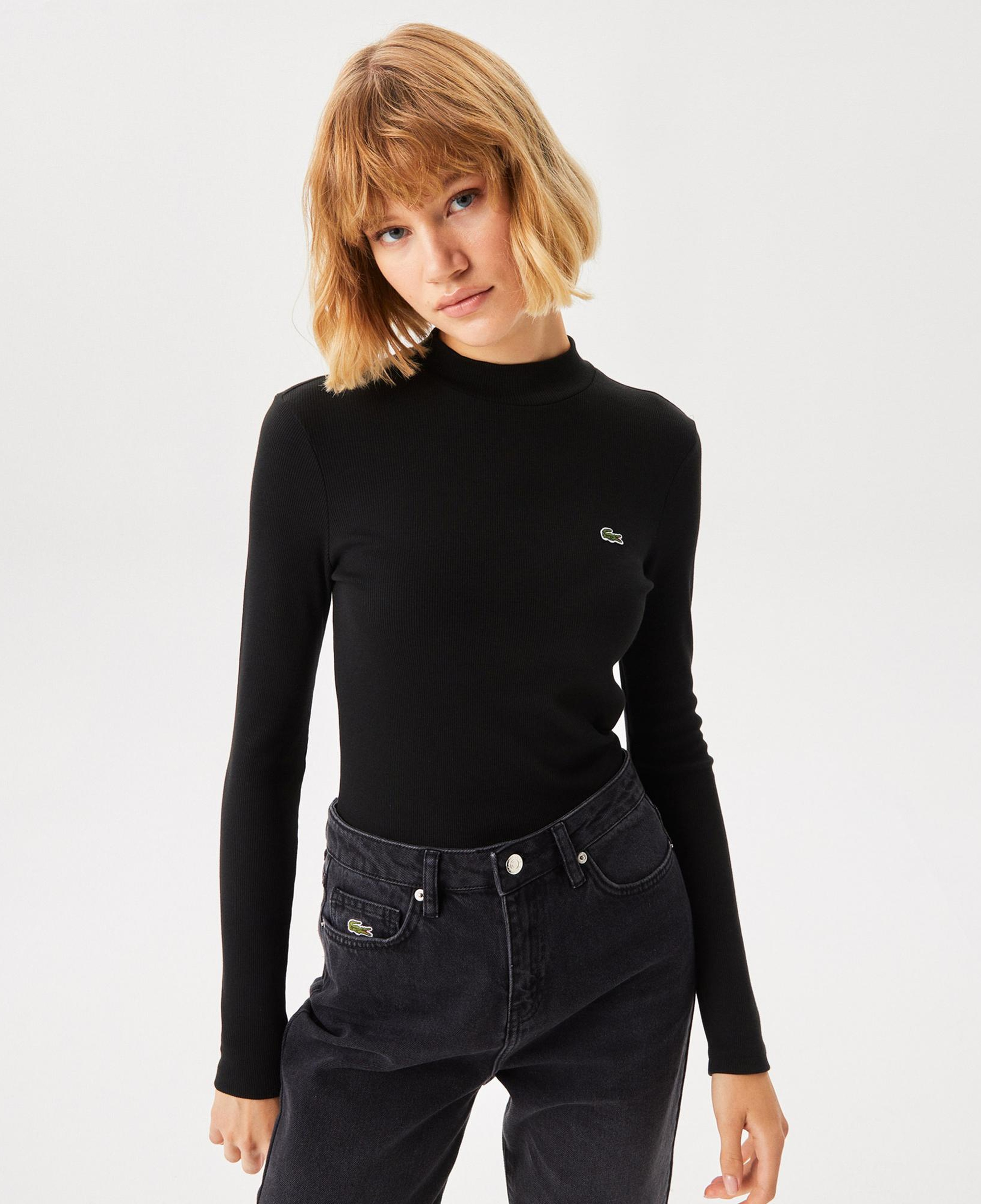 Lacoste Kadın Slim Fit Uzun Kollu Bisiklet Yaka Siyah T-Shirt