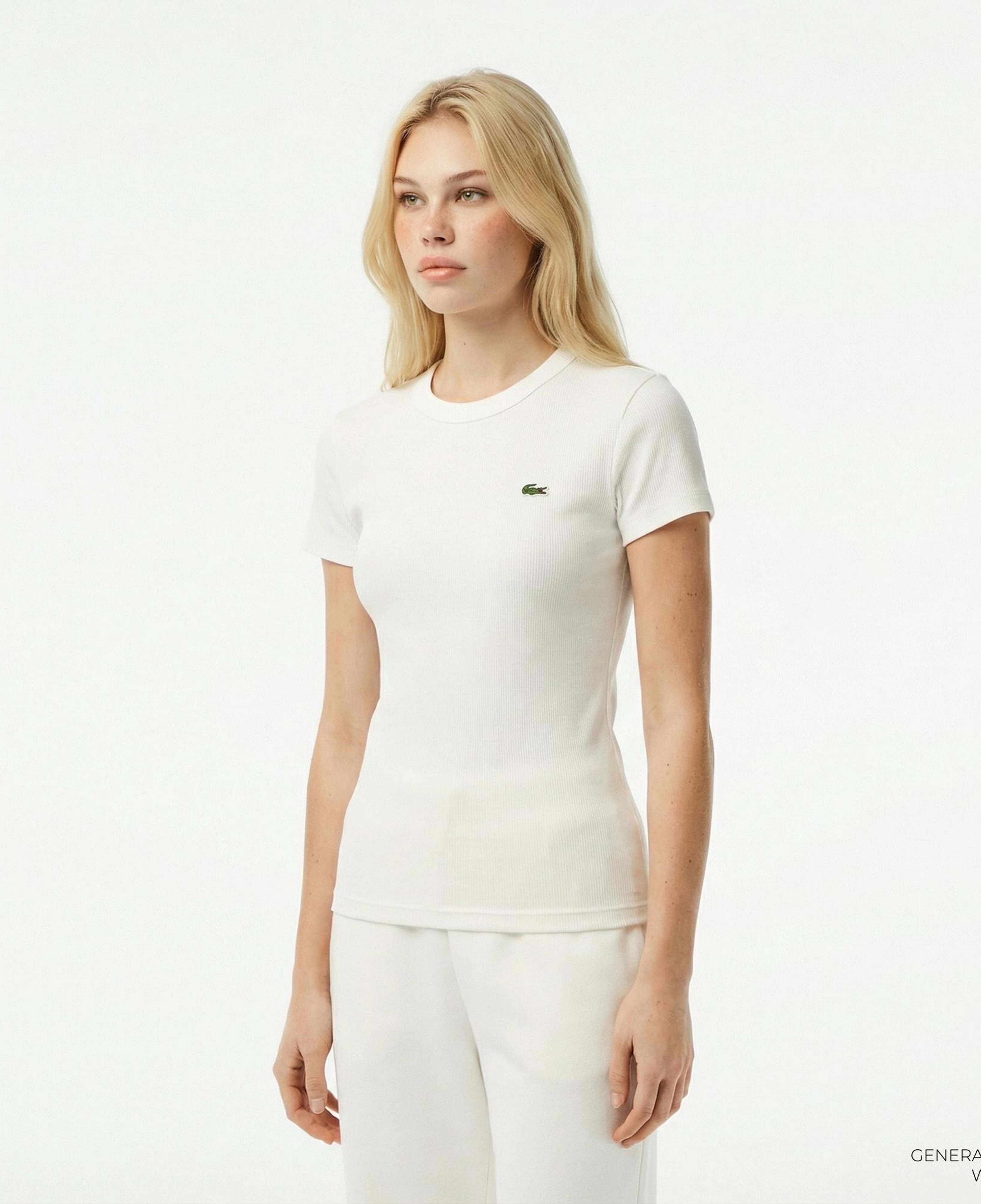 Lacoste Kadın Slim Fit Bisiklet Yaka Beyaz T-Shirt