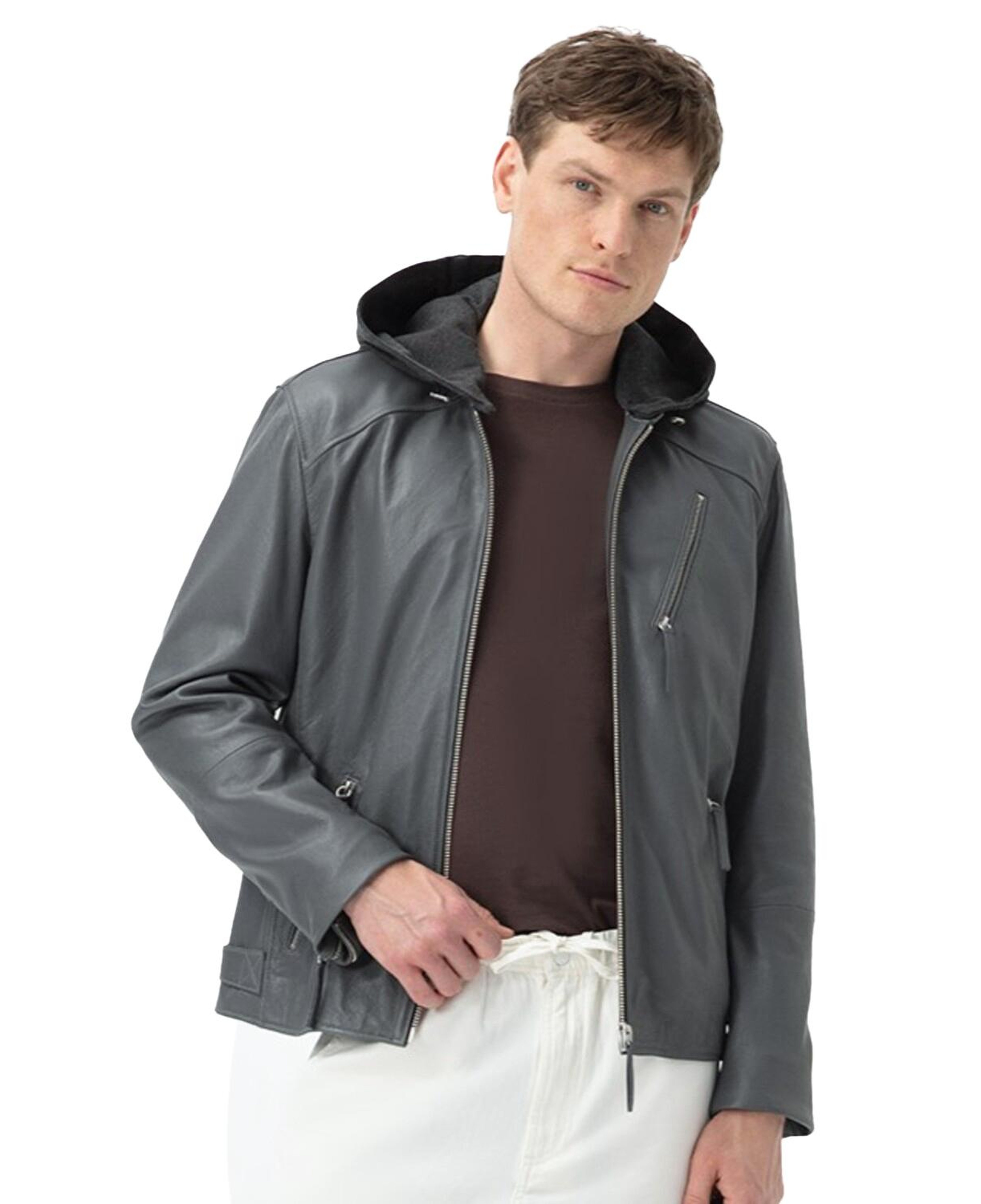 Aimone Gri Erkek Kapüşonlu Deri Ceket