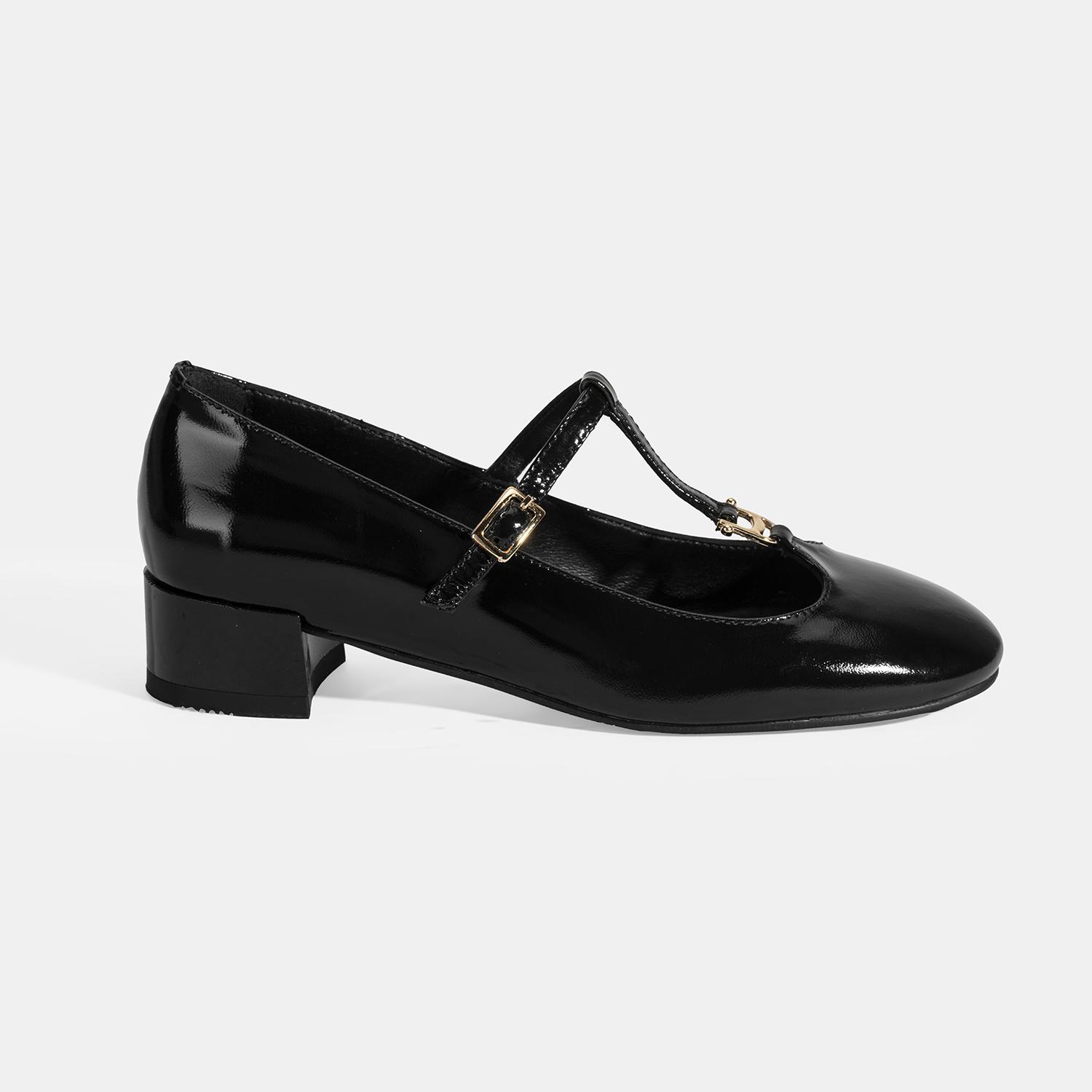 Kadın Siyah Toka Aksesuarlı T-Bant Rugan Topuklu Babet