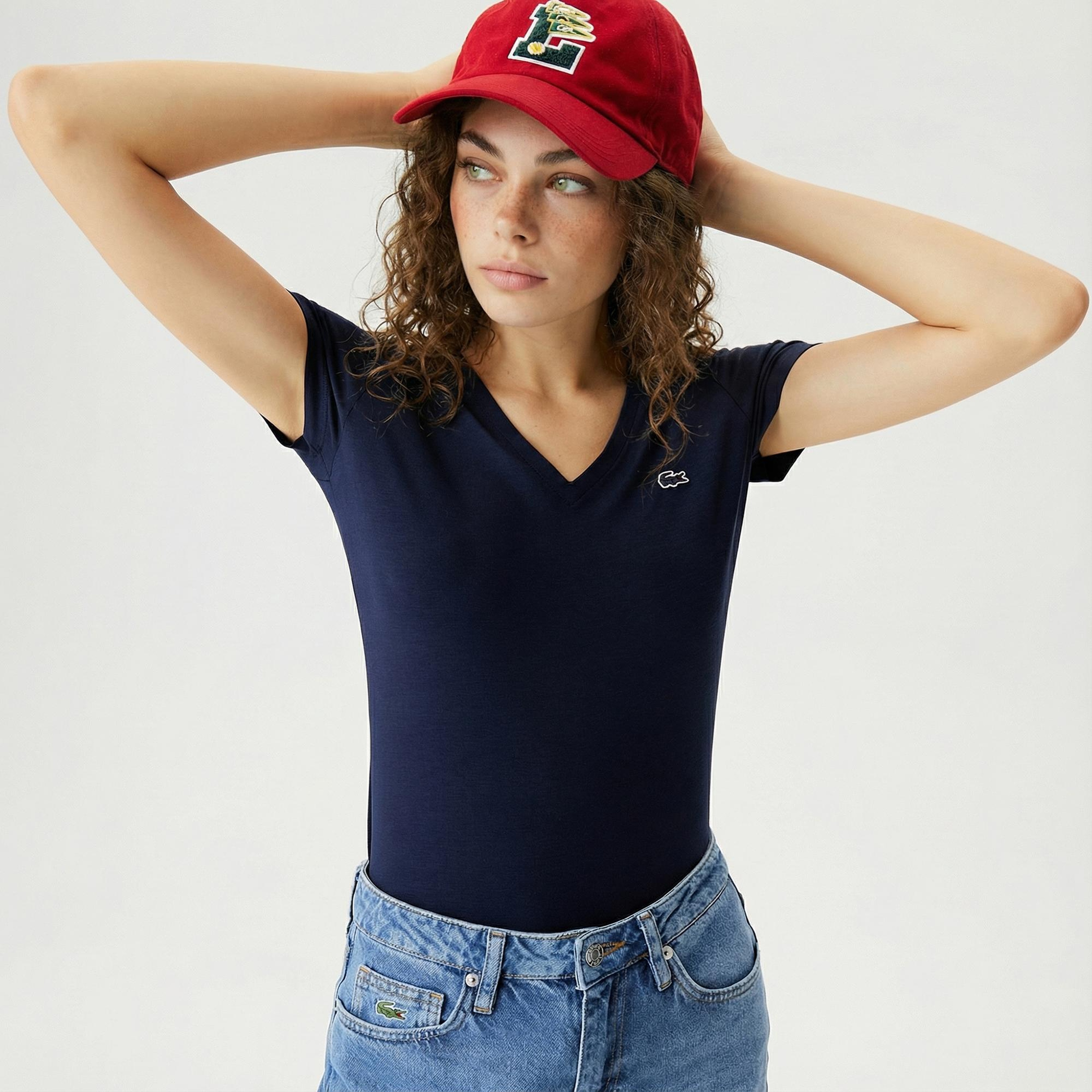 Lacoste Kadın Slim Fit V Yaka Lacivert T-Shirt