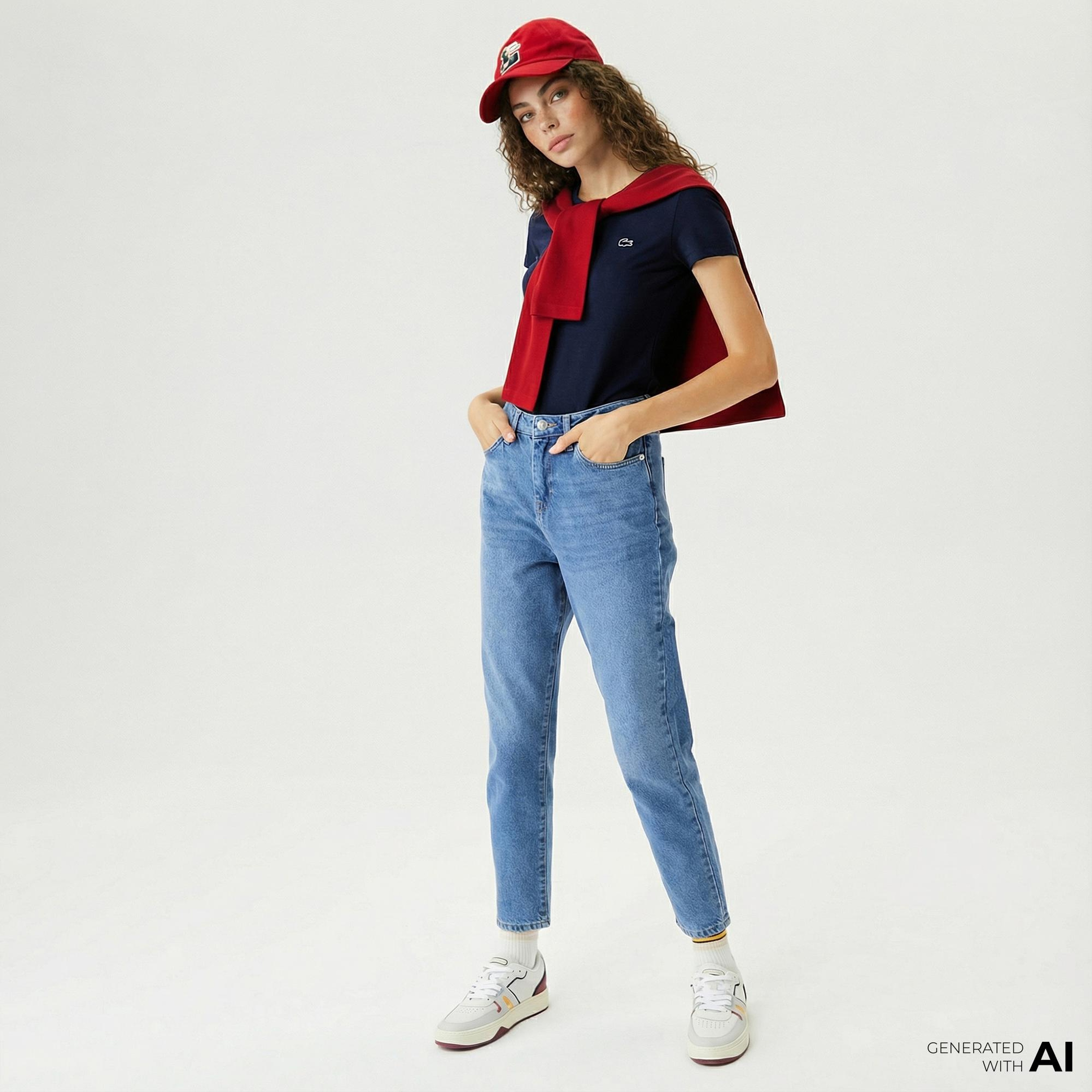 Lacoste Kadın Slim Fit V Yaka Lacivert T-Shirt