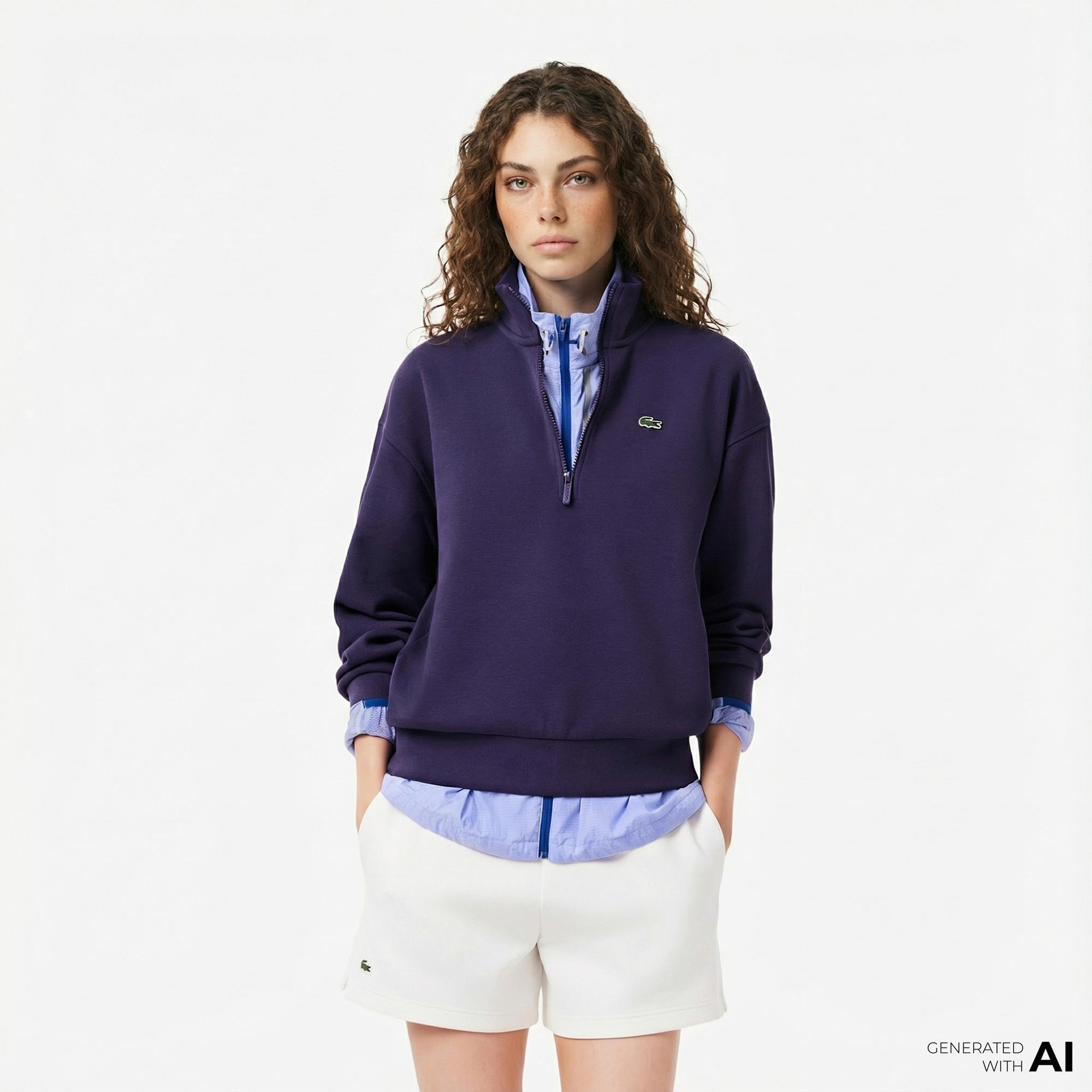 Lacoste Kadın Relaxed Fit Yarım Fermuarlı Mor Sweatshirt