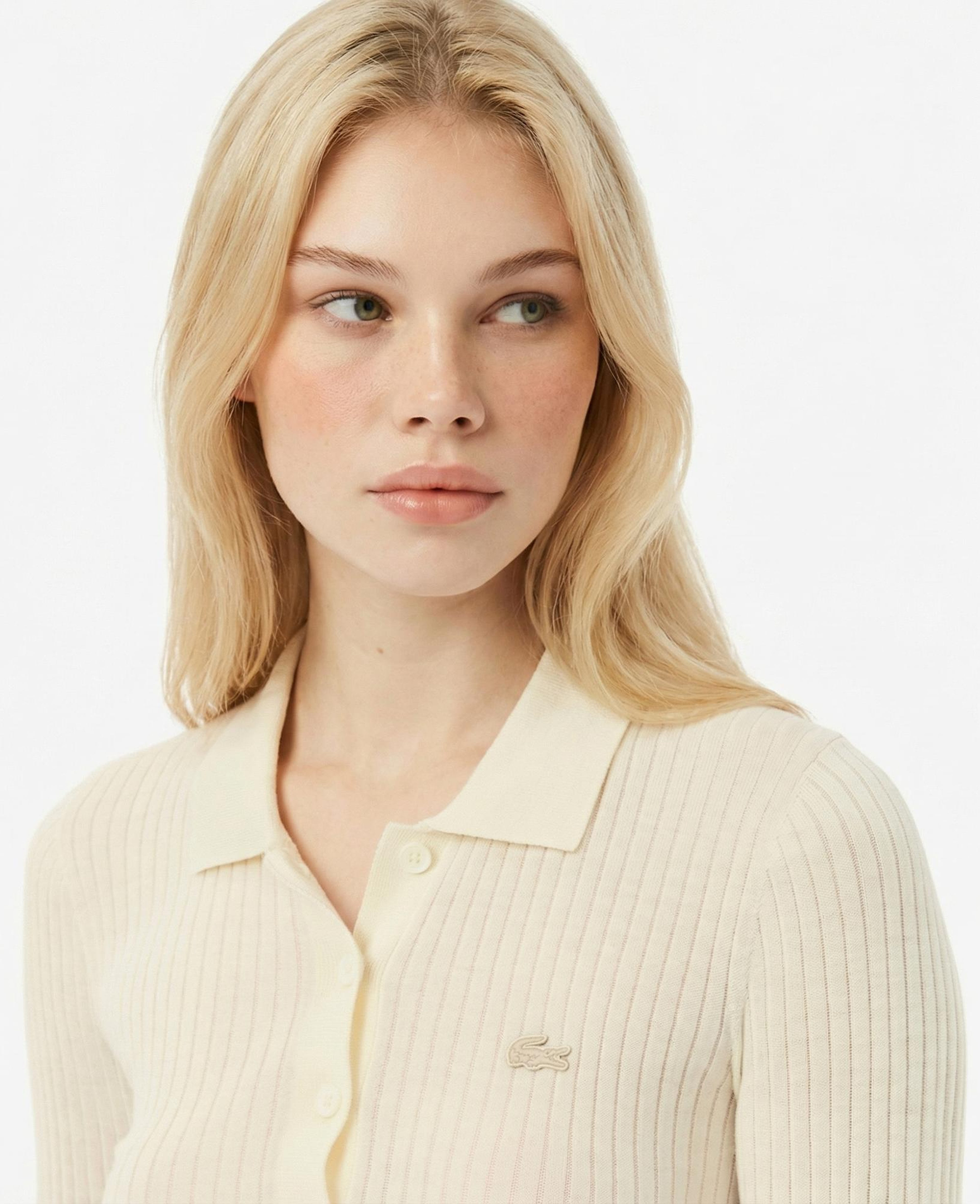 Lacoste Kadın Regular Fit Polo Yaka Krem Kazak