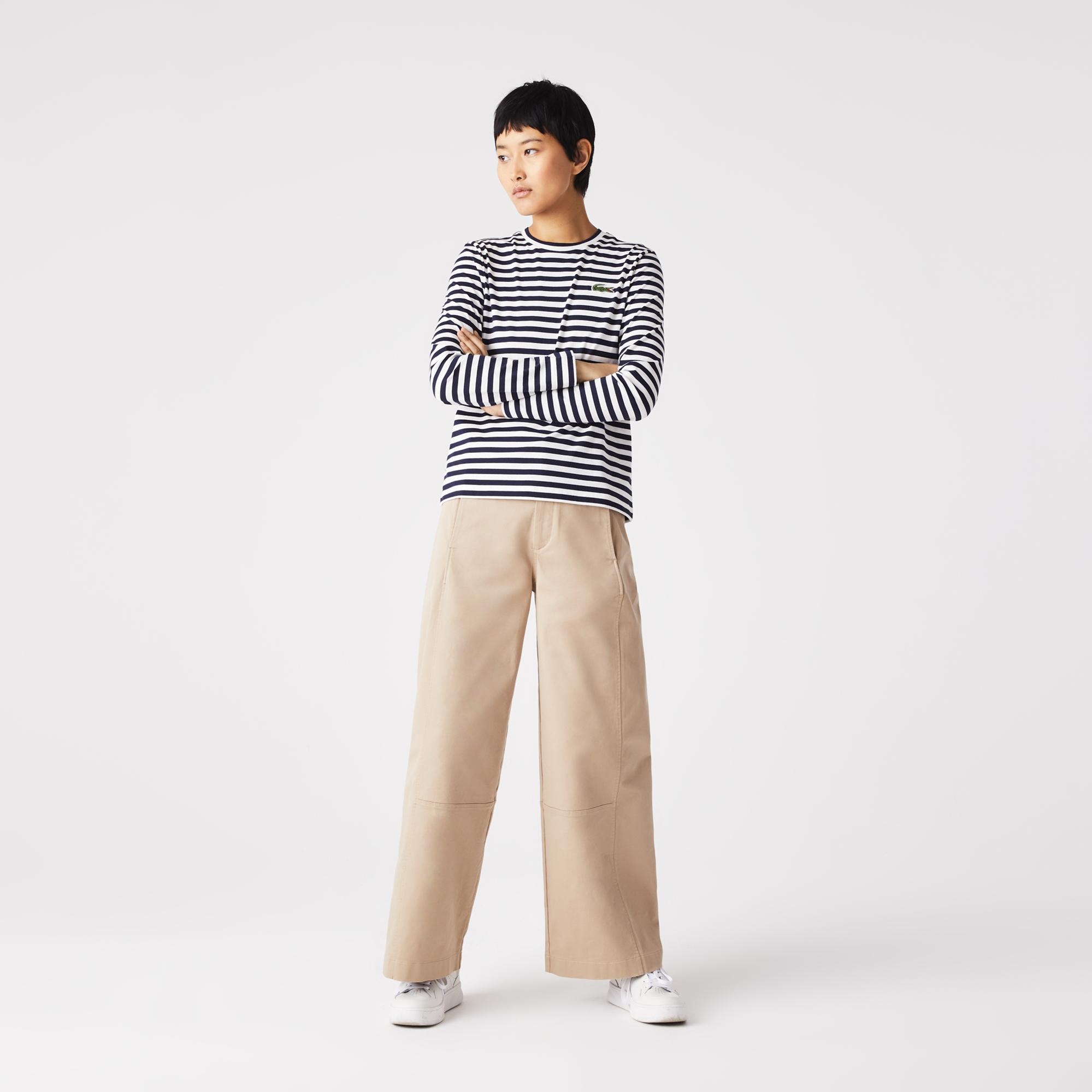 Lacoste Kadın Regular Fit Uzun Kollu Bisiklet Yaka Çizgili Lacivert T-Shirt