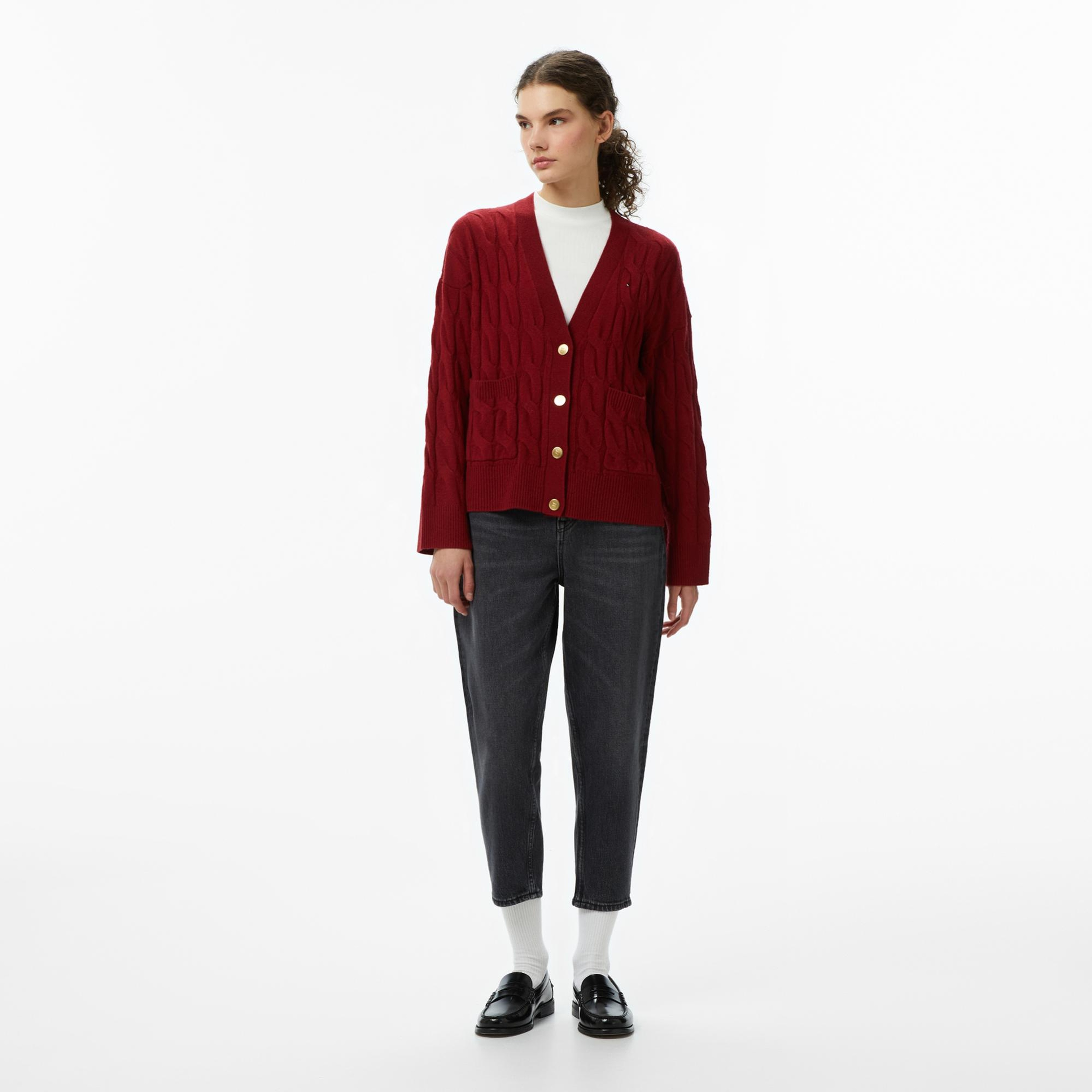 Tommy Hilfiger Mainline Soft Wool Cable Cardigan Kadın Kırmızı Hırka