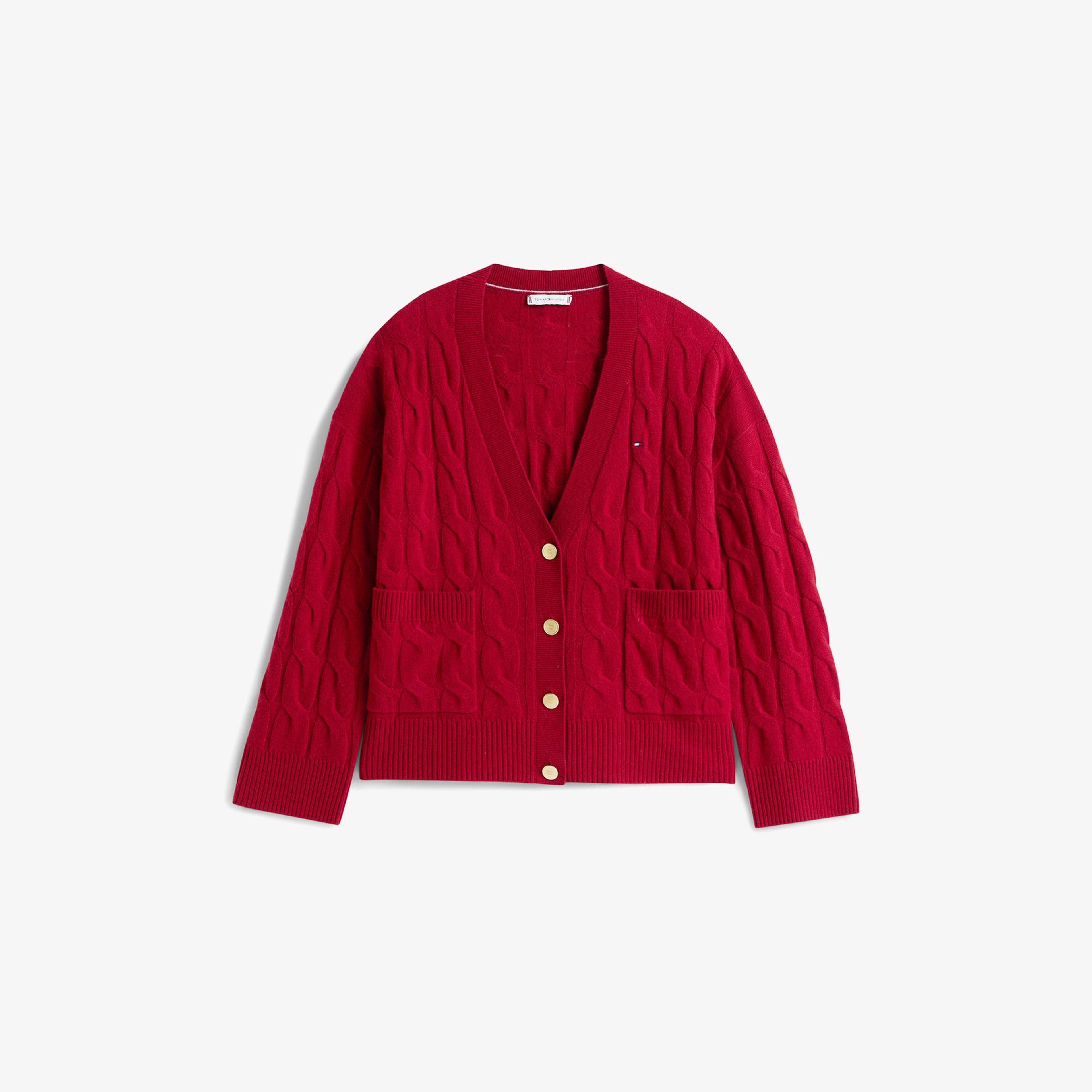 Tommy Hilfiger Mainline Soft Wool Cable Cardigan Kadın Kırmızı Hırka