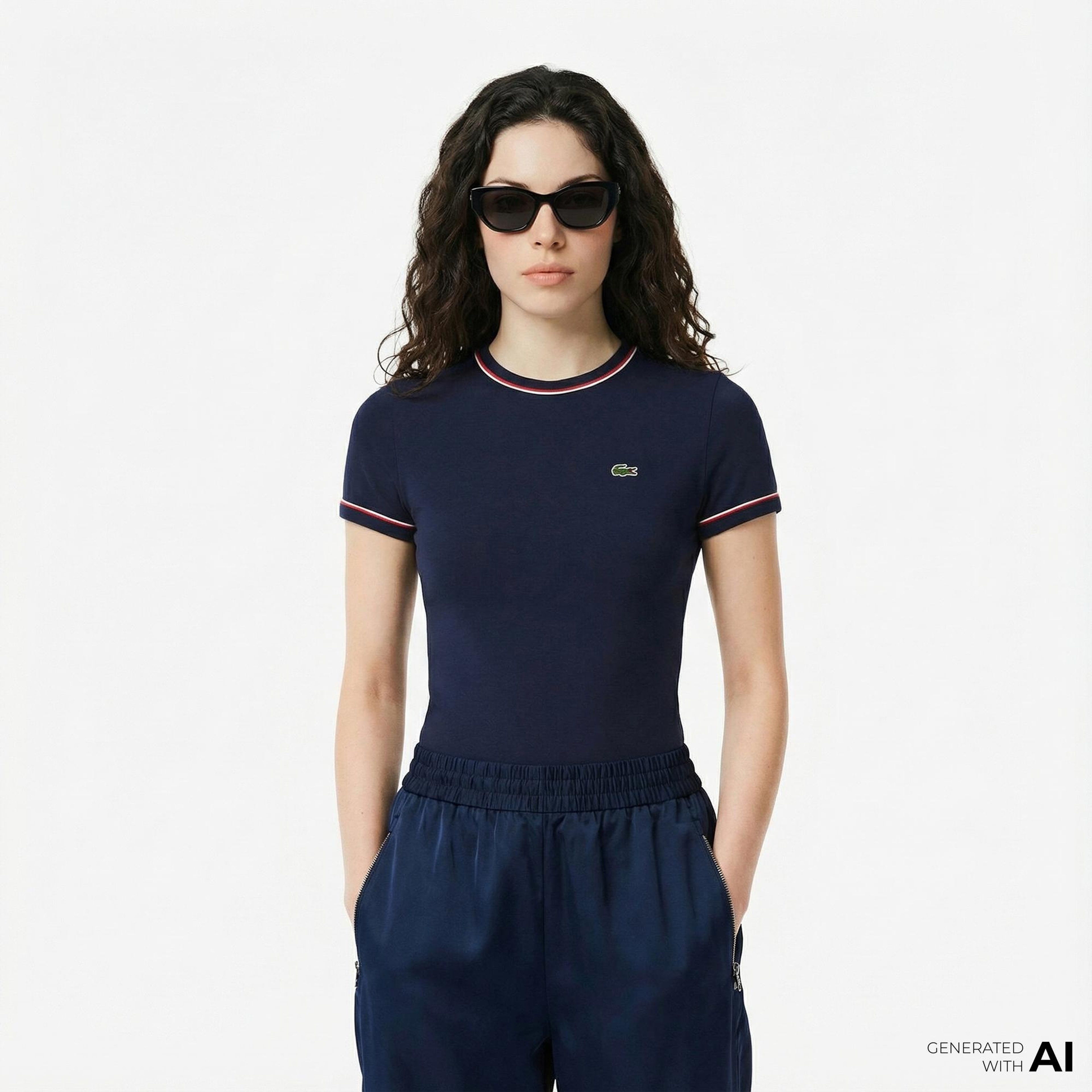 Lacoste Kadın Slim Fit Bisiklet Yaka Lacivert T-Shirt