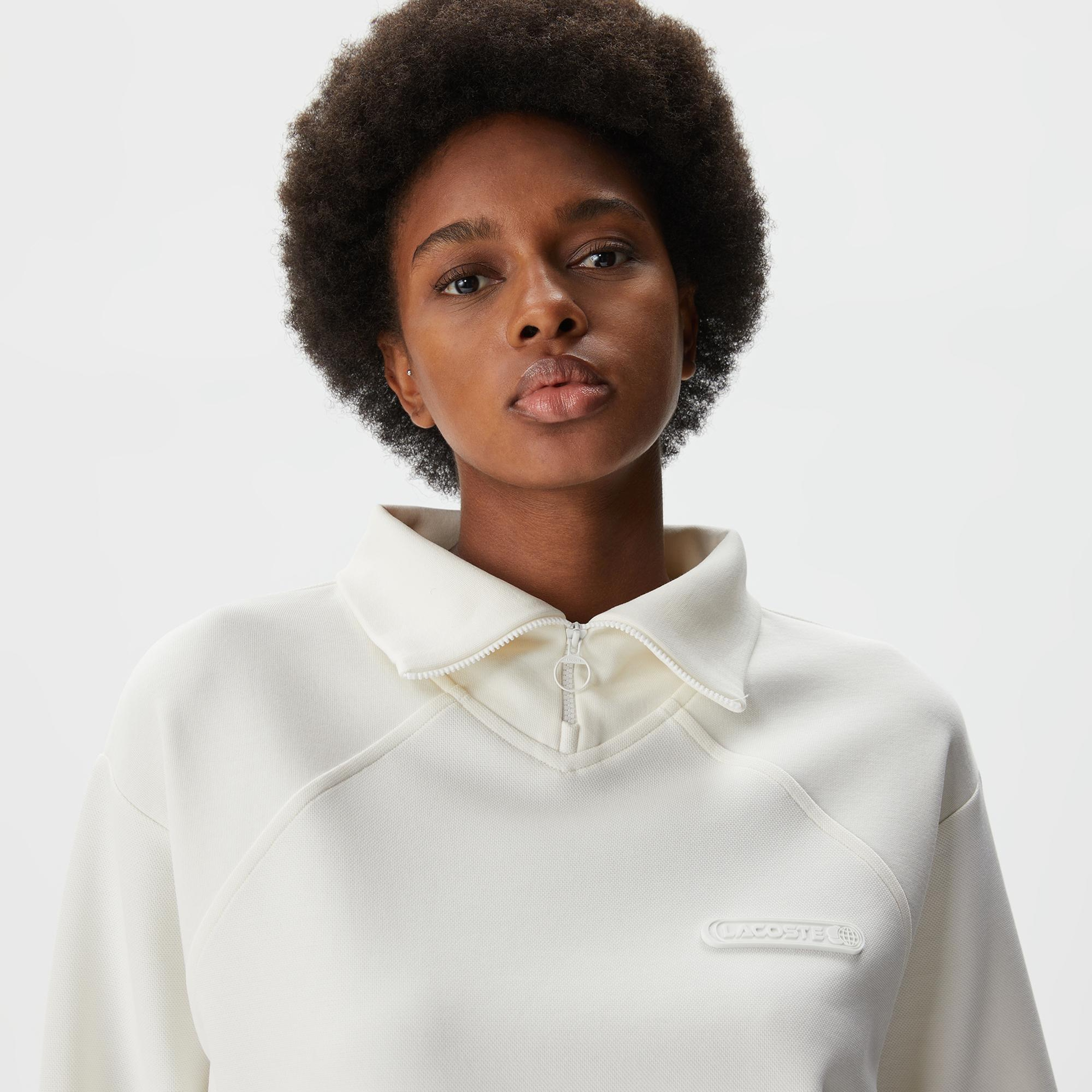 Lacoste Kadın Regular Fit Fermuarlı Dik Yaka Beyaz Sweatshirt