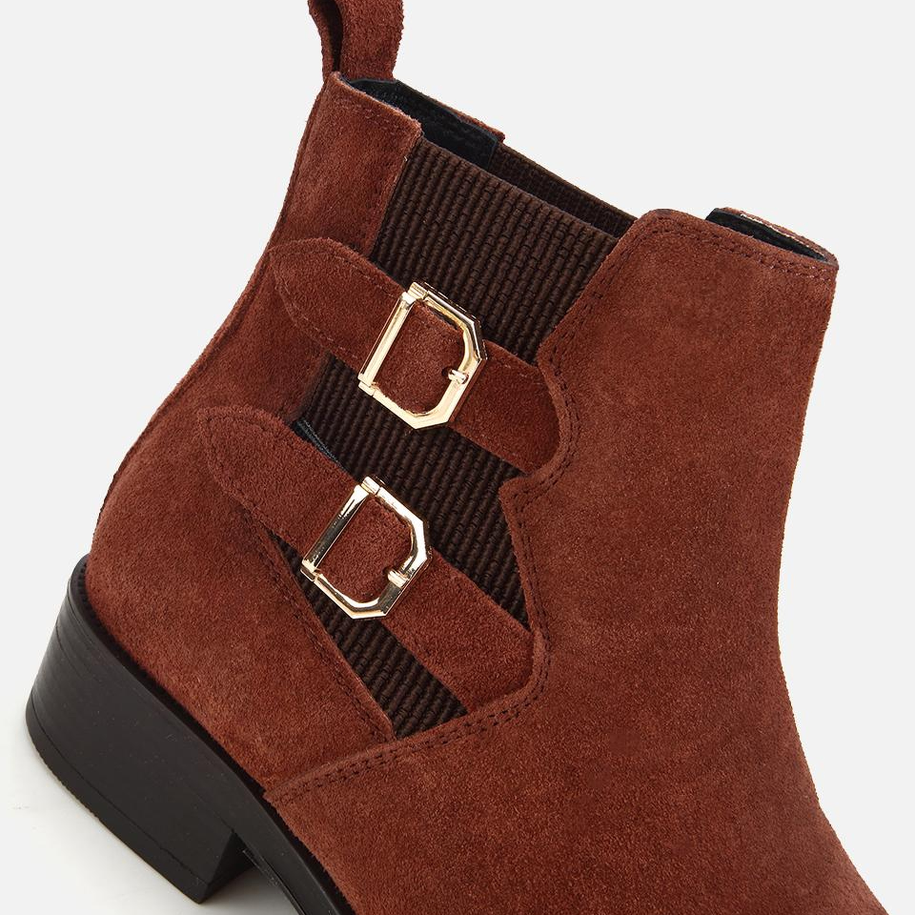 Kadın Süet Deri Taba Tokalı Lastik Detaylı Düz Bot