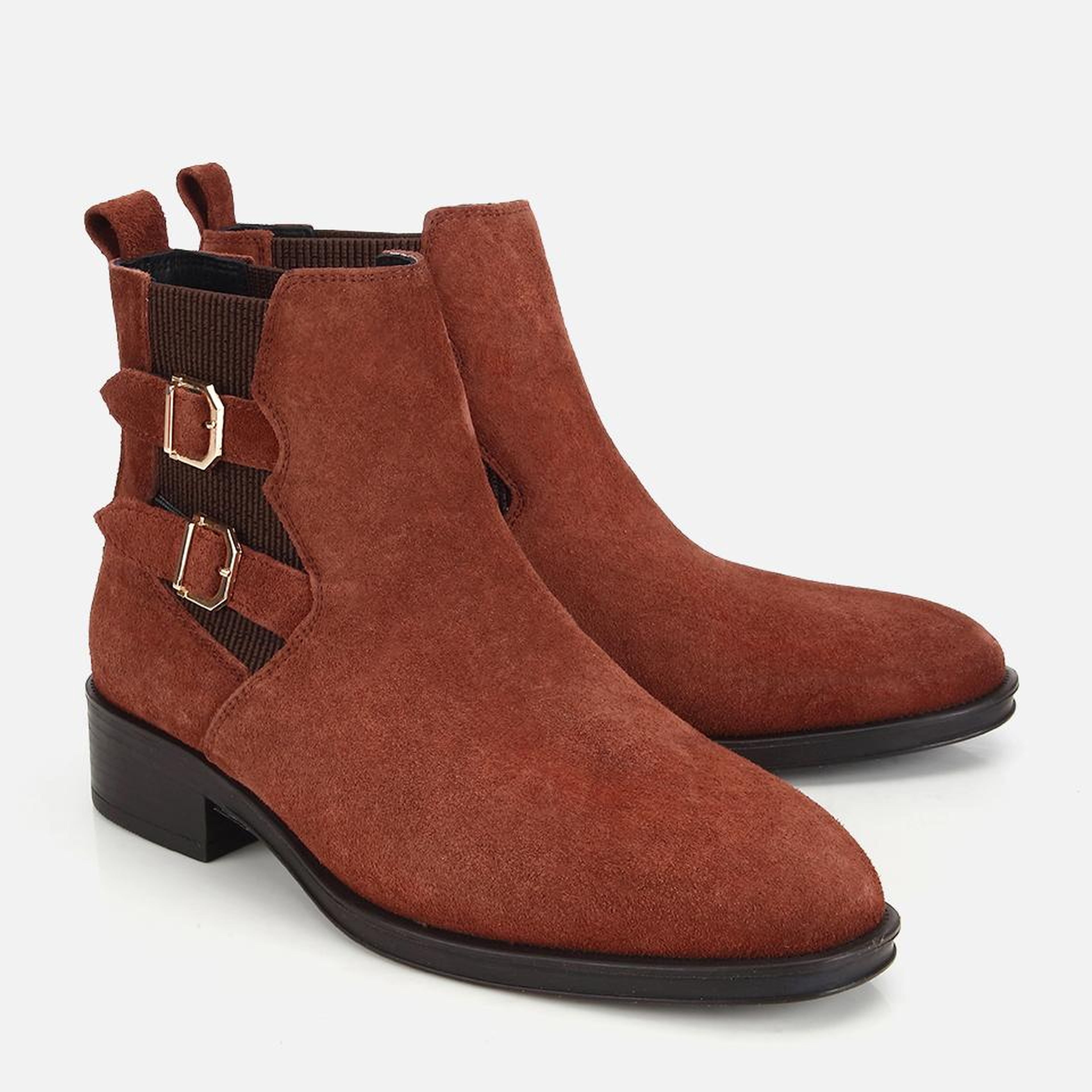 Kadın Süet Deri Taba Tokalı Lastik Detaylı Düz Bot