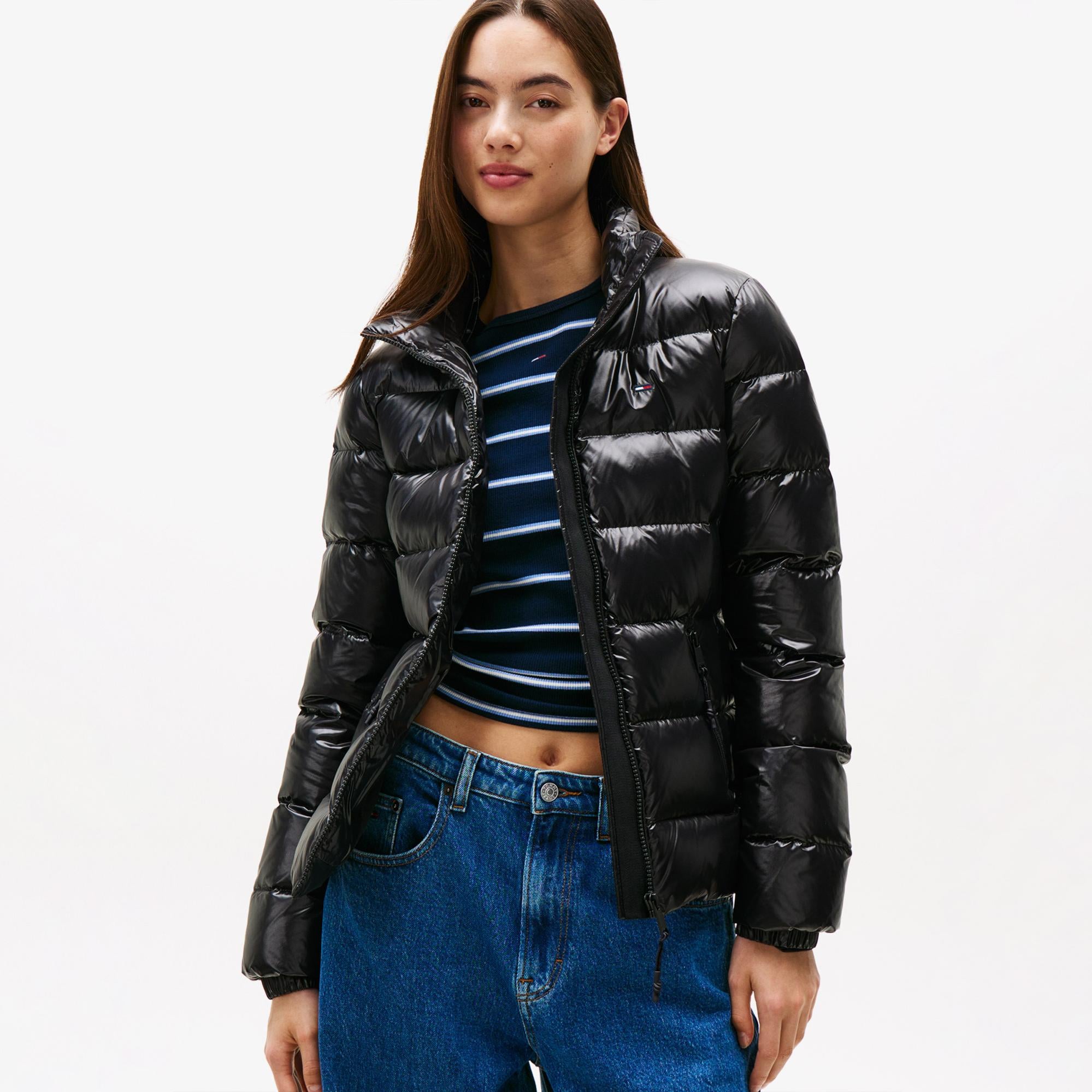 Tommy Jeans Slim Zip Print Down Kadın Puffer Siyah Mont